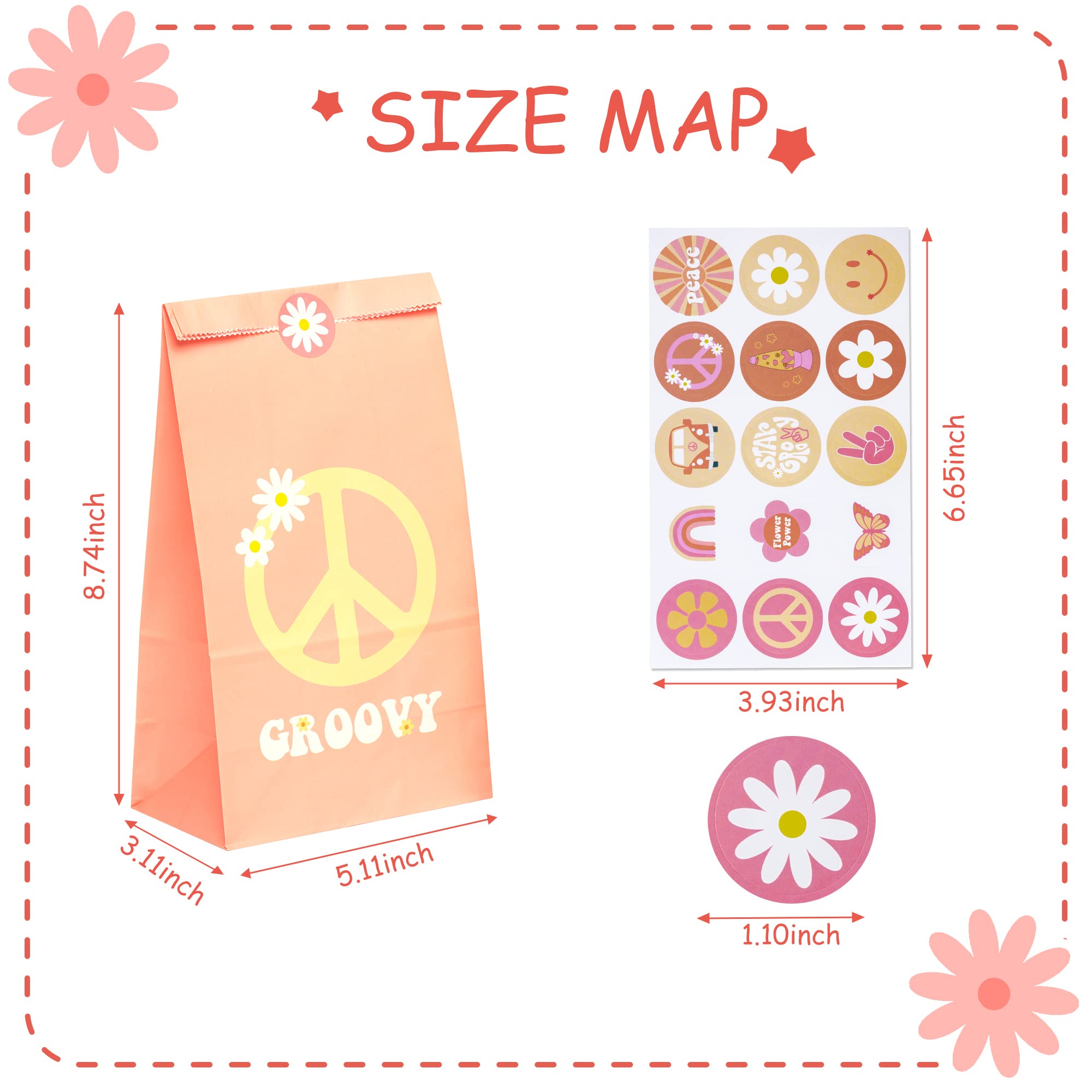 A1Diee 24Pcs Groovy Retro Hippie Boho Party Favors Bags With Stickers Star Groovy Snacks Candy Party Favors Supplies Paper Bags