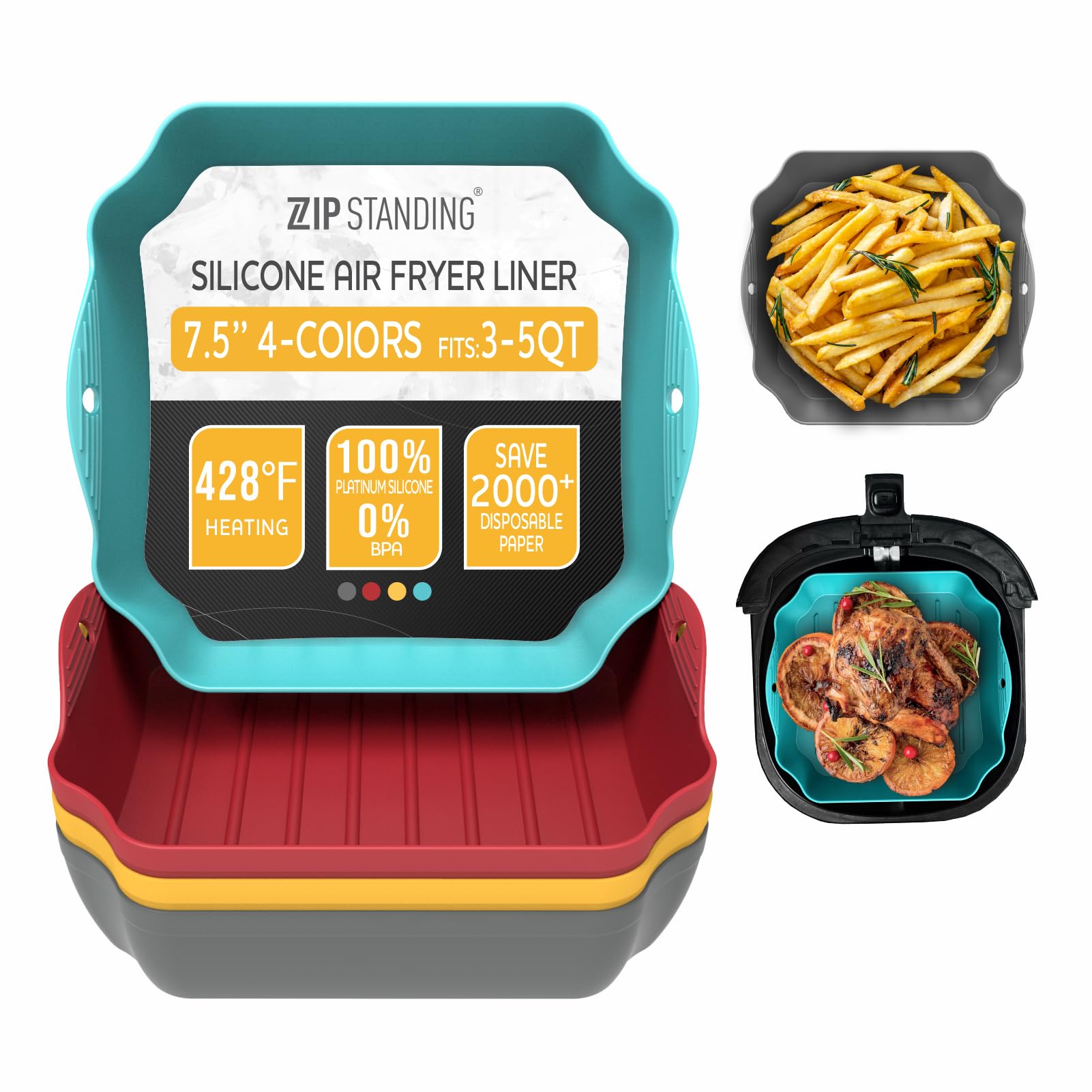 Silicone Air Fryer Liners Set Of 4, Air Fryer Silicone Liners For 3-5Qt Air Fryer Tray Baking Oven, 7.5 Reusable Square Air Frye