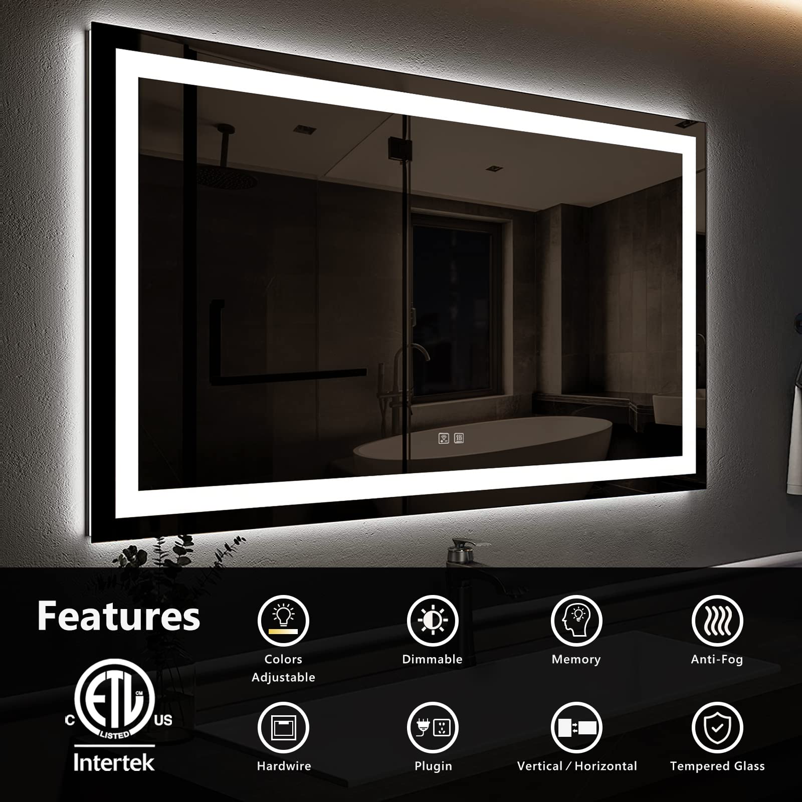 Roomtec 36 X 30 Inches Led Bathroom Mirror With Front And Backlit,Anti-Fog,3 Colors And Dimmable Light(Horizontal/Vertical), Sil