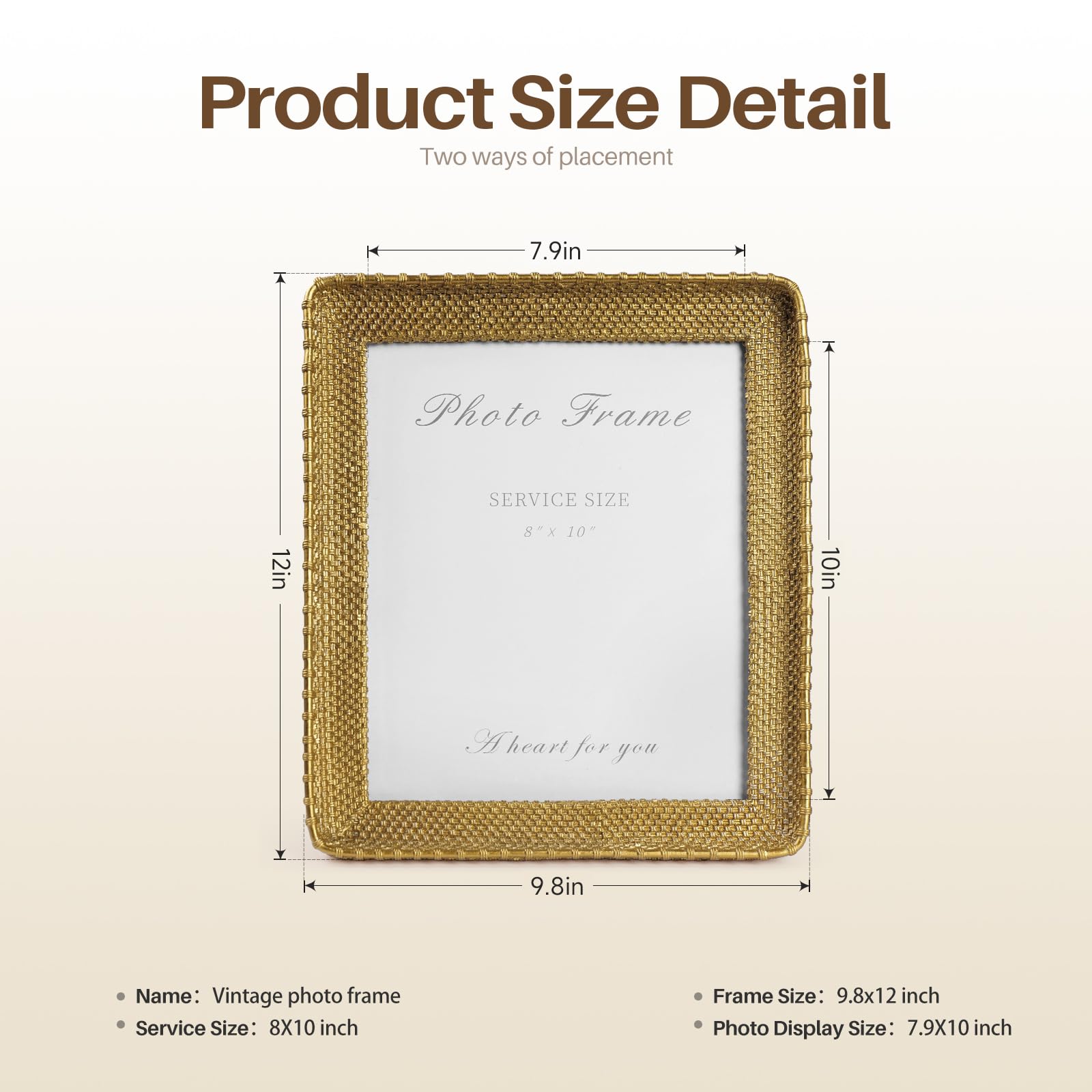 Cuspin 8x10 Picture Frame Gold, Vintage Gold Frames Rattan Textured Hand-Crafted Resin Photo Frame with Glass Front for Tabletop