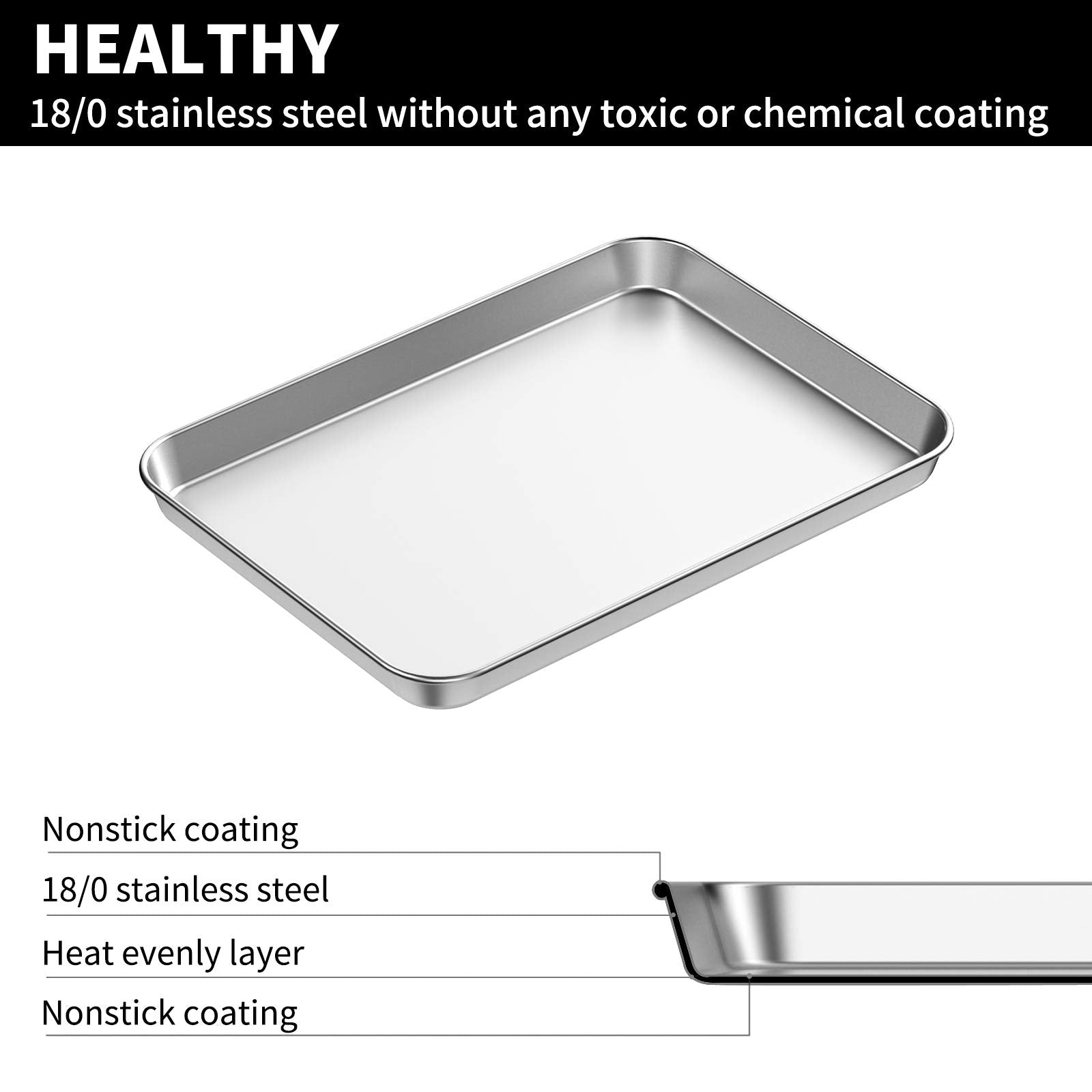 Baking Sheets 2 Pieces, Bastwe Stainless Steel Baking Pan Tray Cookie Sheet, Rectangle Size 9 X 7 X 1 Inch, Healthy  Non Toxic,
