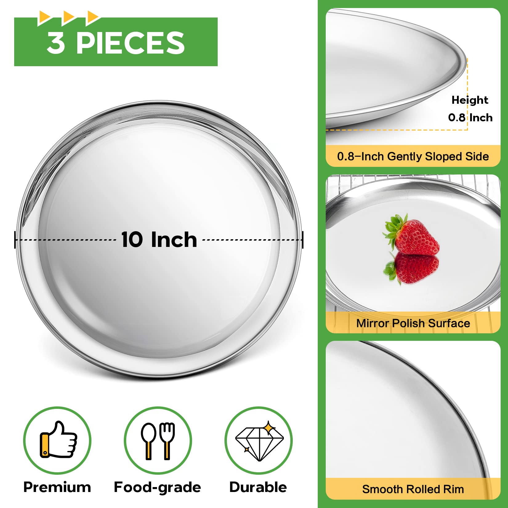 P&P CHEF 10 Inch Stainless Steel Pizza Pan Set of 3, Silver, Dishwasher Safe, Model SSPP-14