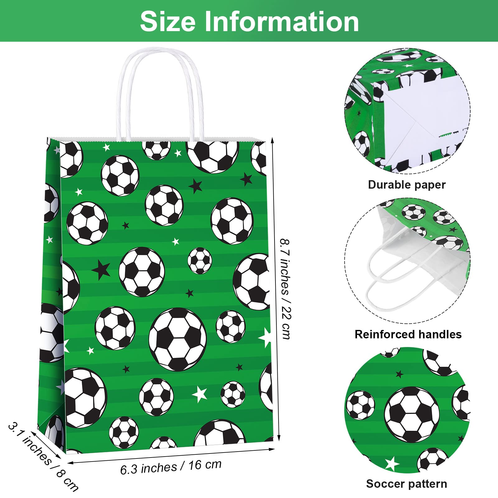 Durony 16 Pieces Soccer Gift Bag Soccer Print Paper Bags Goodie Favor Bags For Soccer Party Decorations Supplies
