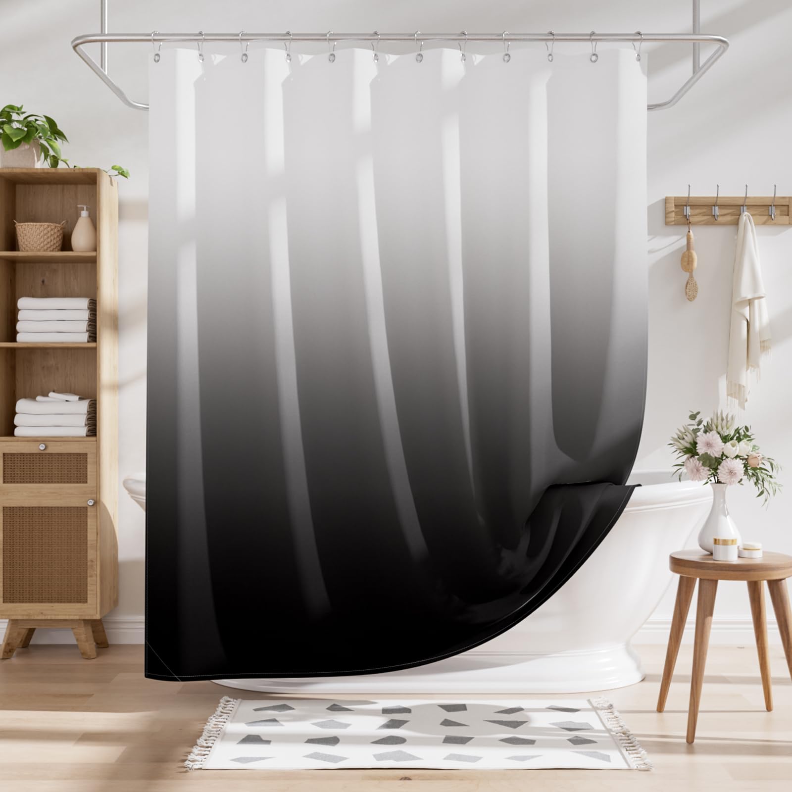AmazerBath Shower Curtain Sets  Cloth Ombre Black Shower Curtain with 12 Shower Curtain Hooks  Washable Fabric Black and White Shower Curtain  Rustic Farmhouse Bathroom Shower Curtain  72x72 Inches