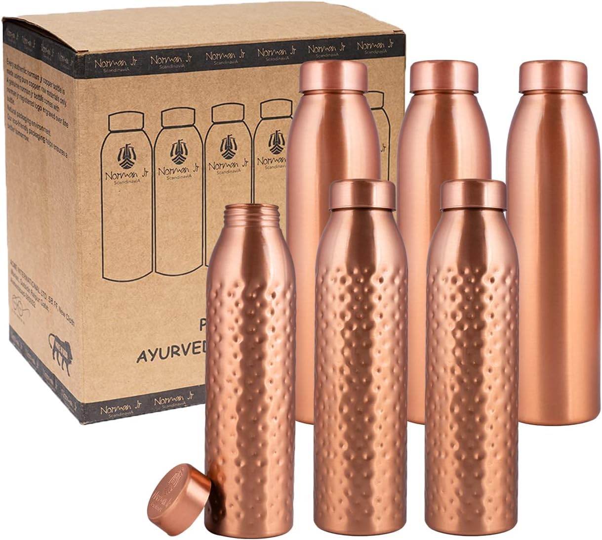 NORMAN JR, Copper Water Bottle 1L - Gift Box of 6, Plain 3, Hammered 3, an Ayurvedic vessel made from pure copper - helps you dr