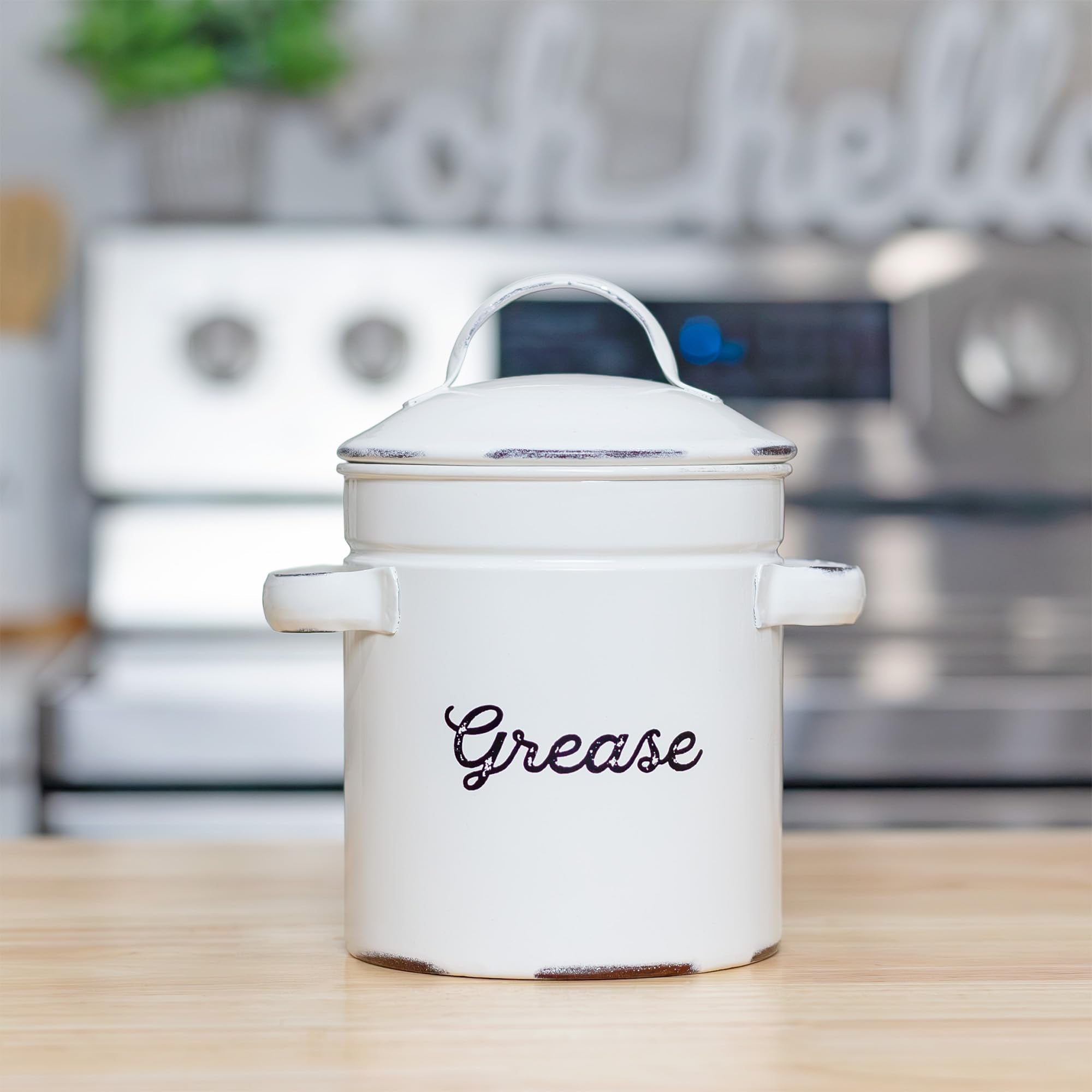 Auldhome Enamelware Grease Container With Strainer, Farmhouse Style Kitchen Storagetin, Labeled ''Grease''