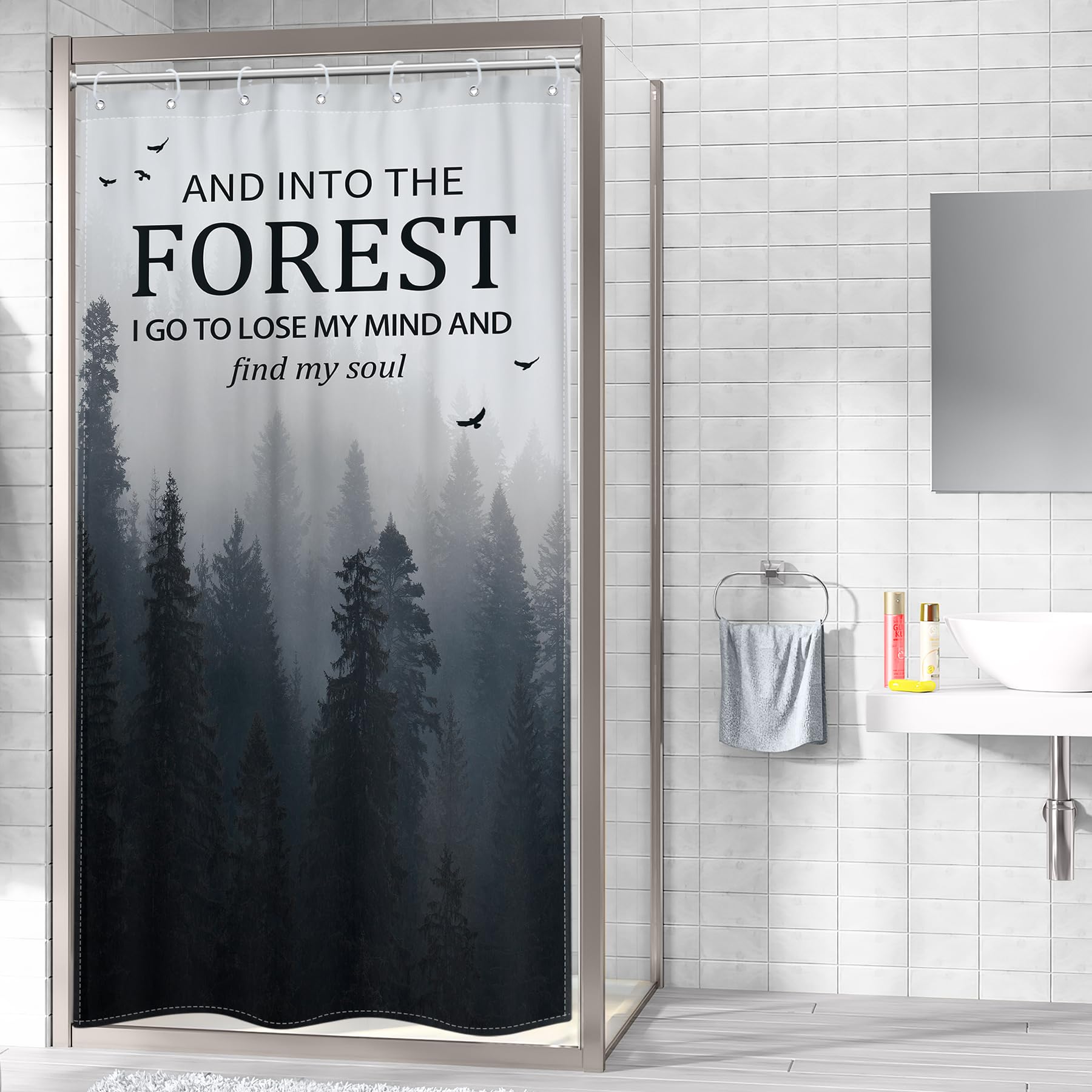 Riyidecor Small Stall Misty Tree Shower Curtain For Bathroom Decor 36Wx72H Narrow Half Rv Mens Dark Foggy Mountain Woodland Quot