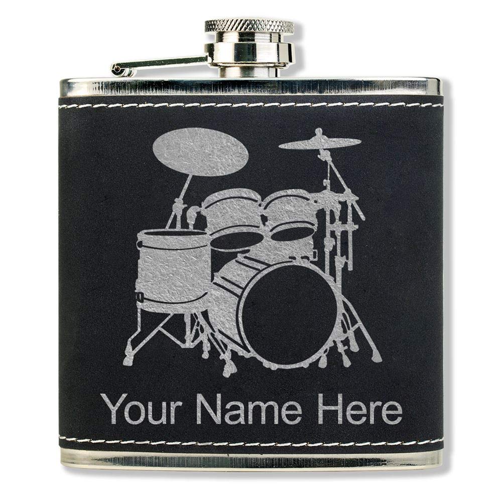 Faux Leather Flask, Drum Set, Personalized Engraving Included (Black With Silver)