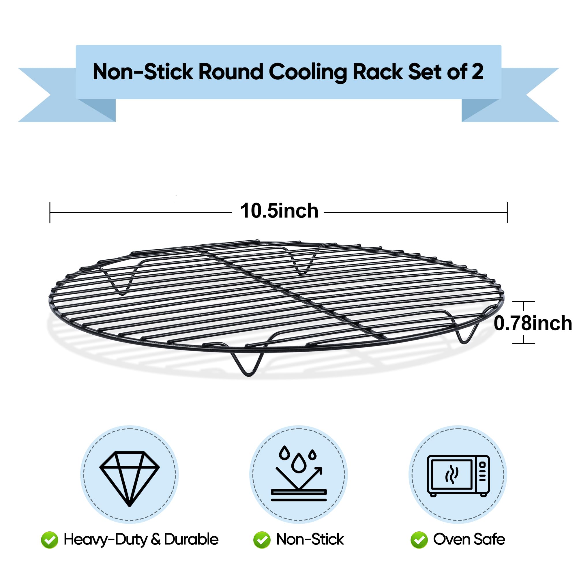 Teamfar 10.5 Inch Non-Stick Cooling Rack, Round Coated Stainless Steel Cooking Wire Rack Set Of 2, For Baking/Roasting/Steaming/