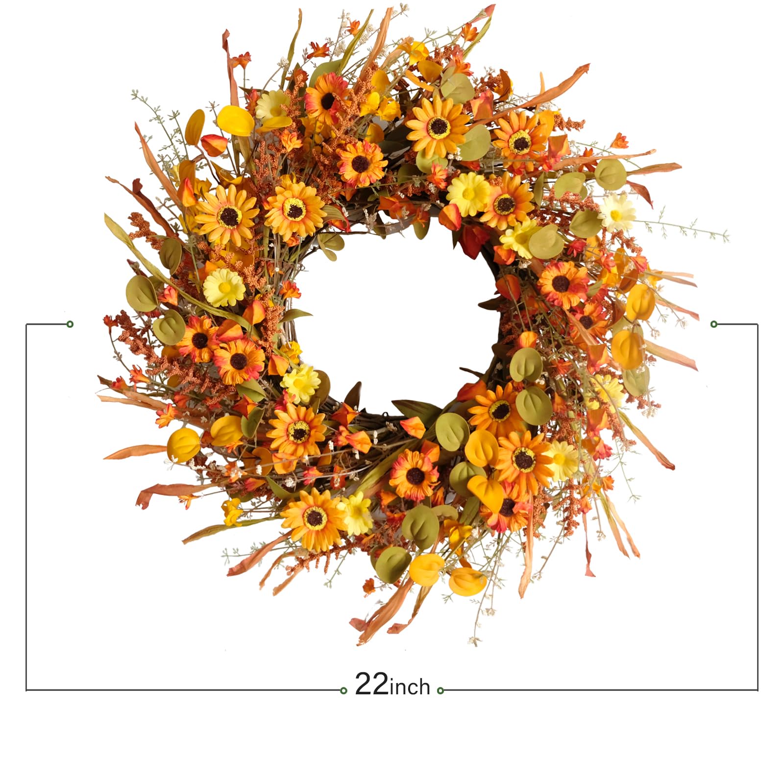 TEMPUS 22inch Thanksgiving Daisy Grain Wreath Autumn Harvest Wreath Eucalputs Leaves with Berries Fall Decor Front Door Indoor o