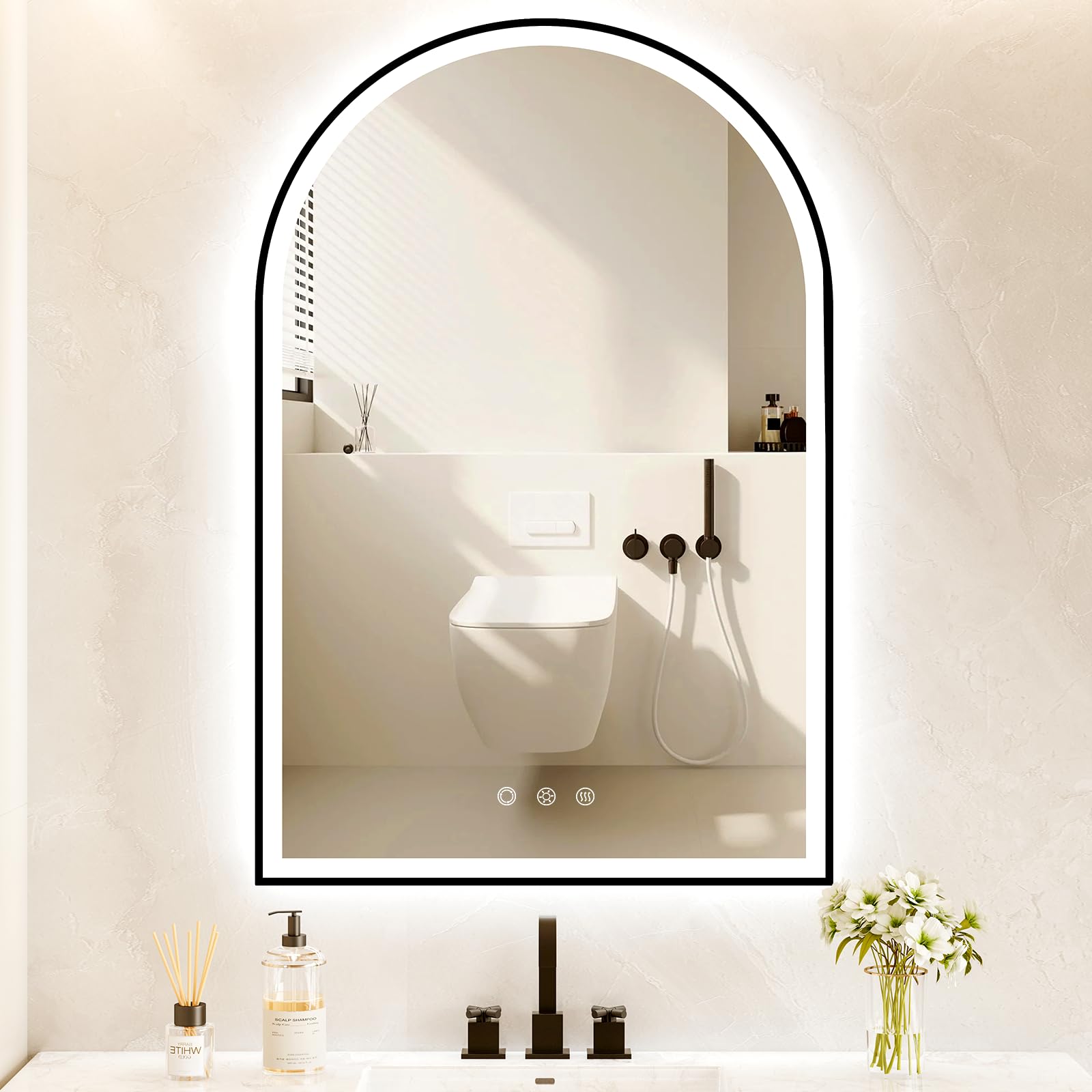 Oumusu Arched Led Bathroom Mirror 24''X36'' With Front And Backlight, Black Bathroom Mirror With Lights-Anti-Fog, Dimmable-Led M