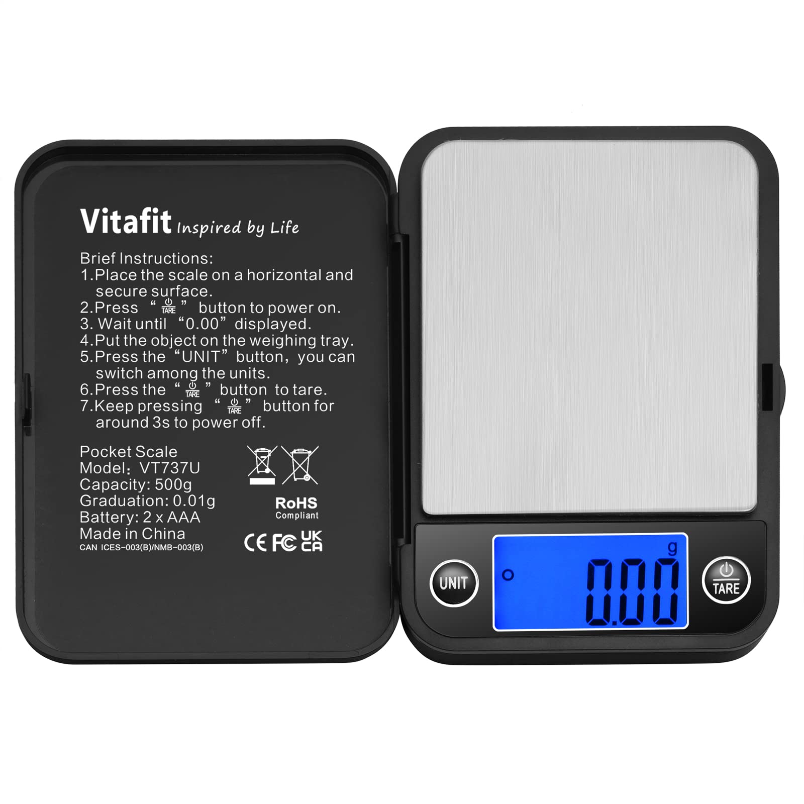 Vitafit 500G Digital Pocket Scale,Weighing Professional Since 2001, 0.01G High Accuracy Grams Scale For Multifunction: Lab,Food
