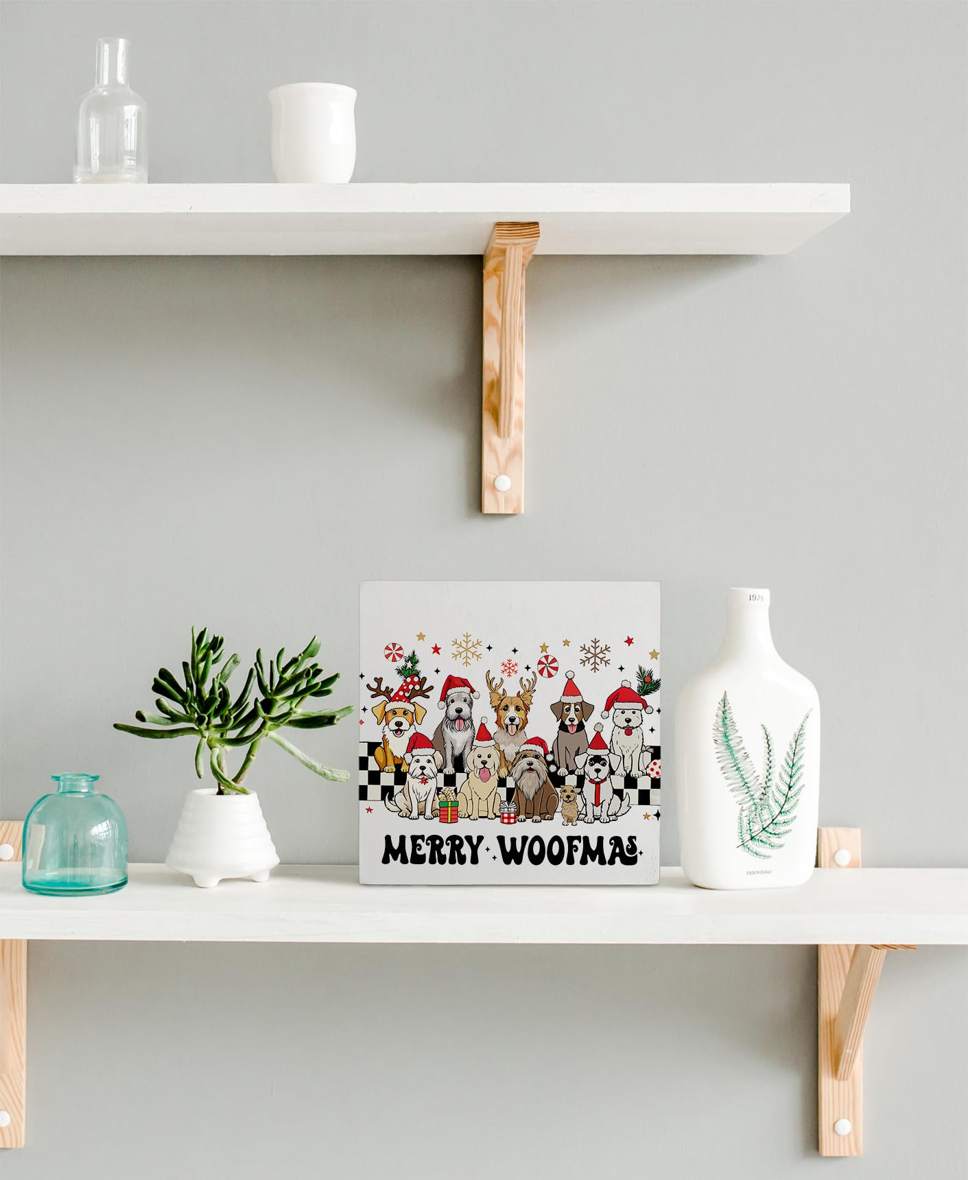 kunlisa Dog Christmas Wooden Sign, Dog Lover Gifts, Merry Woofmas Christmas Cute Puppy Holiday Wood Box Sign for Home Office Des