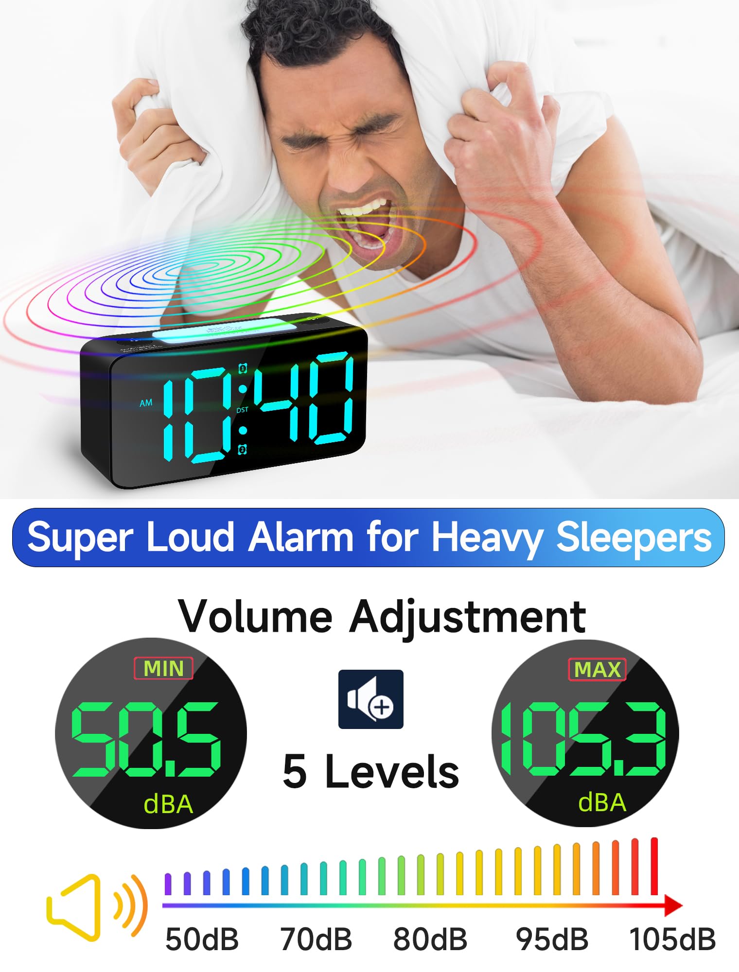 LED Alarm Clock with Snooze, Easy to Set, 4 Levels Dimmer, Adjustable Volume, USB Charger, 12/24Hr,7 Color Night Light,Compact D