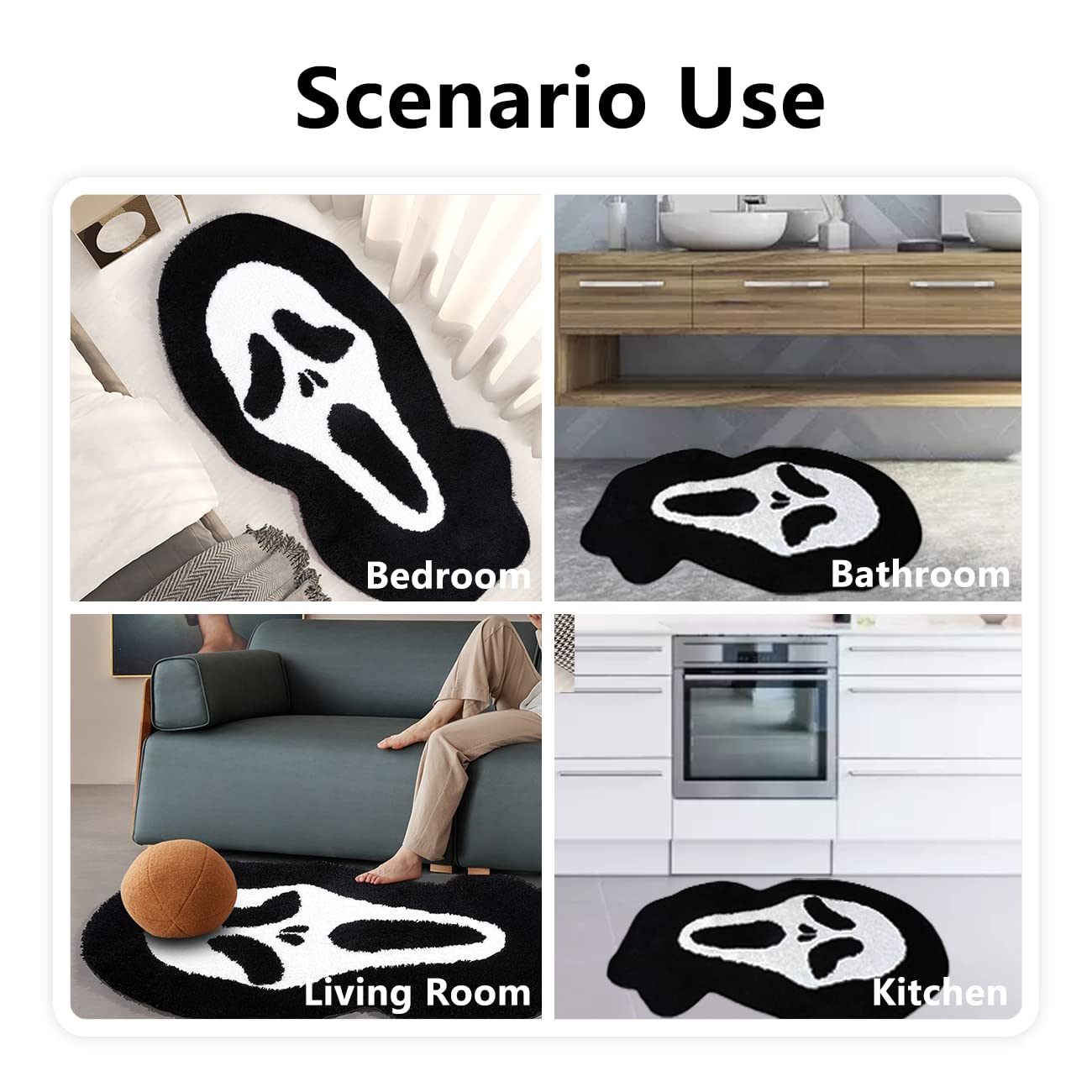 Kaupuar Large Skull Bath Mat Fluffy Black Bath Rugs Soft Plush Non-Slip Bathroom Rug Mats Halloween Decorative Welcome Doormat W