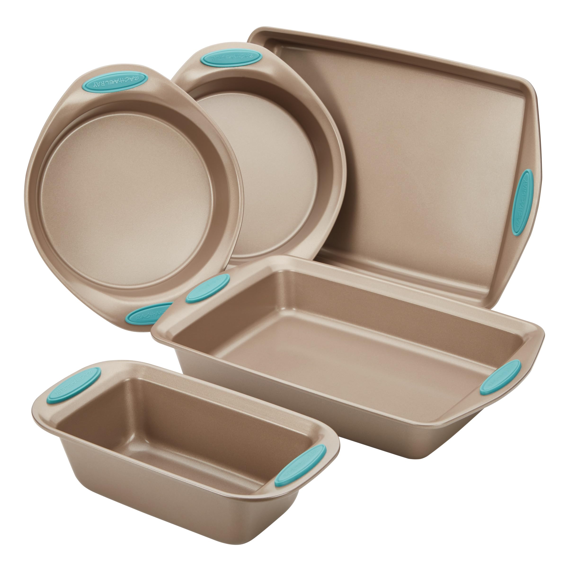 Rachael Ray Cucina Bakeware Set Includes Nonstick Bread Baking Cookie Sheet and Cake Pans, 5 Piece, Latte Brown with Agave Blue 
