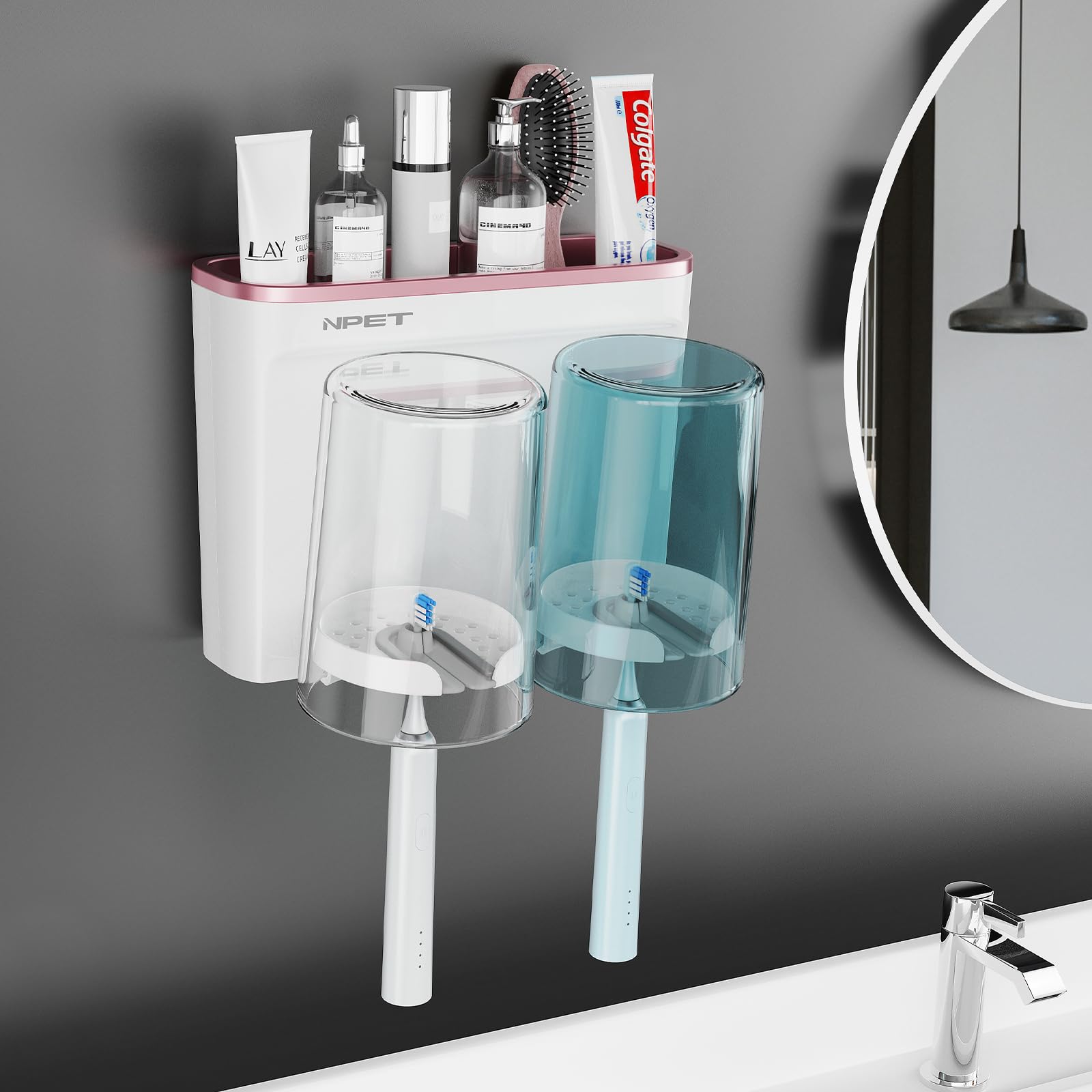 Npet Toothbrush Holder For Bathroom Accessories,2 Cups Toothbrush Holder Wall Mounted, Multi-Functional Toothbrush Holder Set Wi