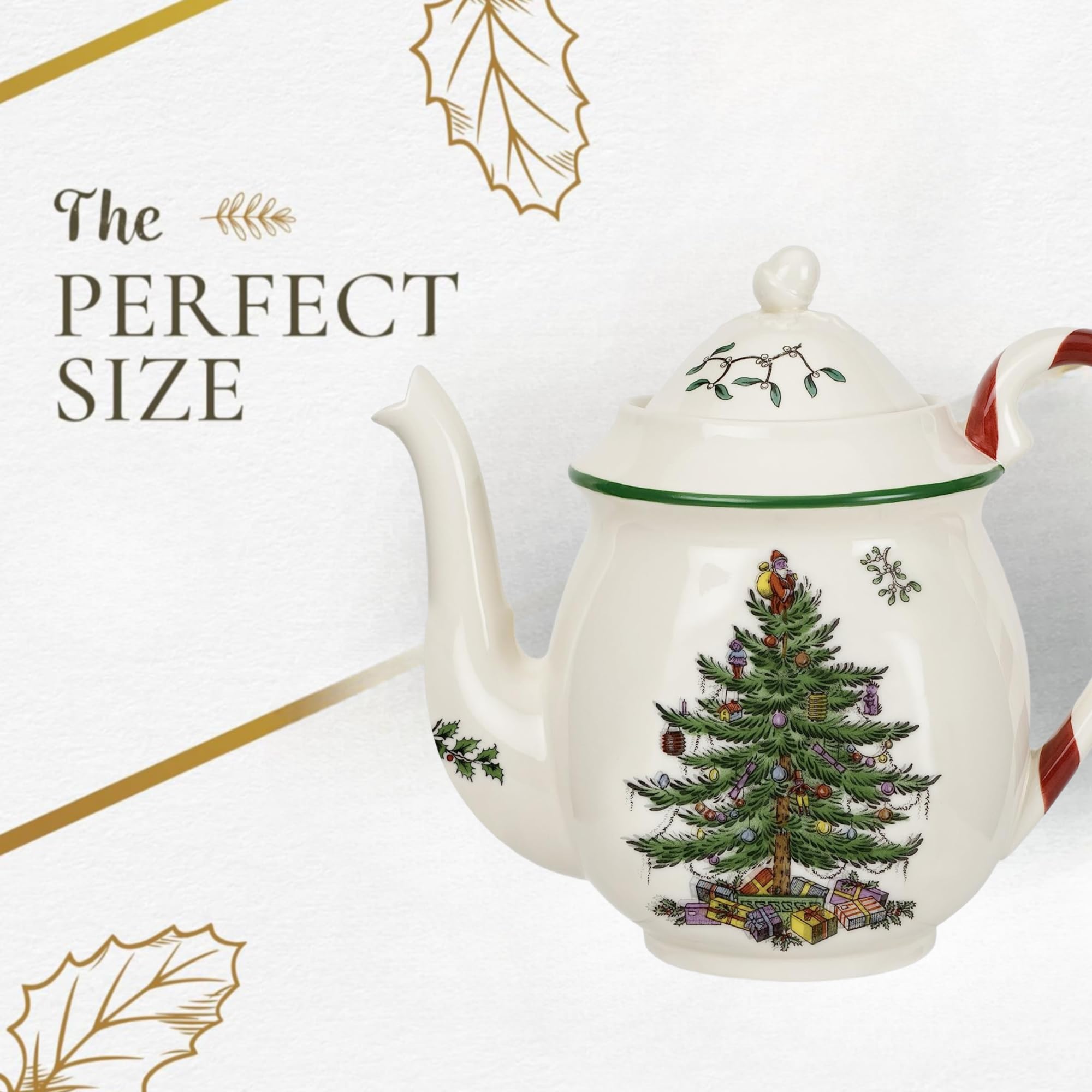 Spode Christmas Tree Candy Cane Teapot | Large Teapot With Lid For Hot Drinks, Tea, Coffee, Hot Chocolate, | Christmas Tree Desi