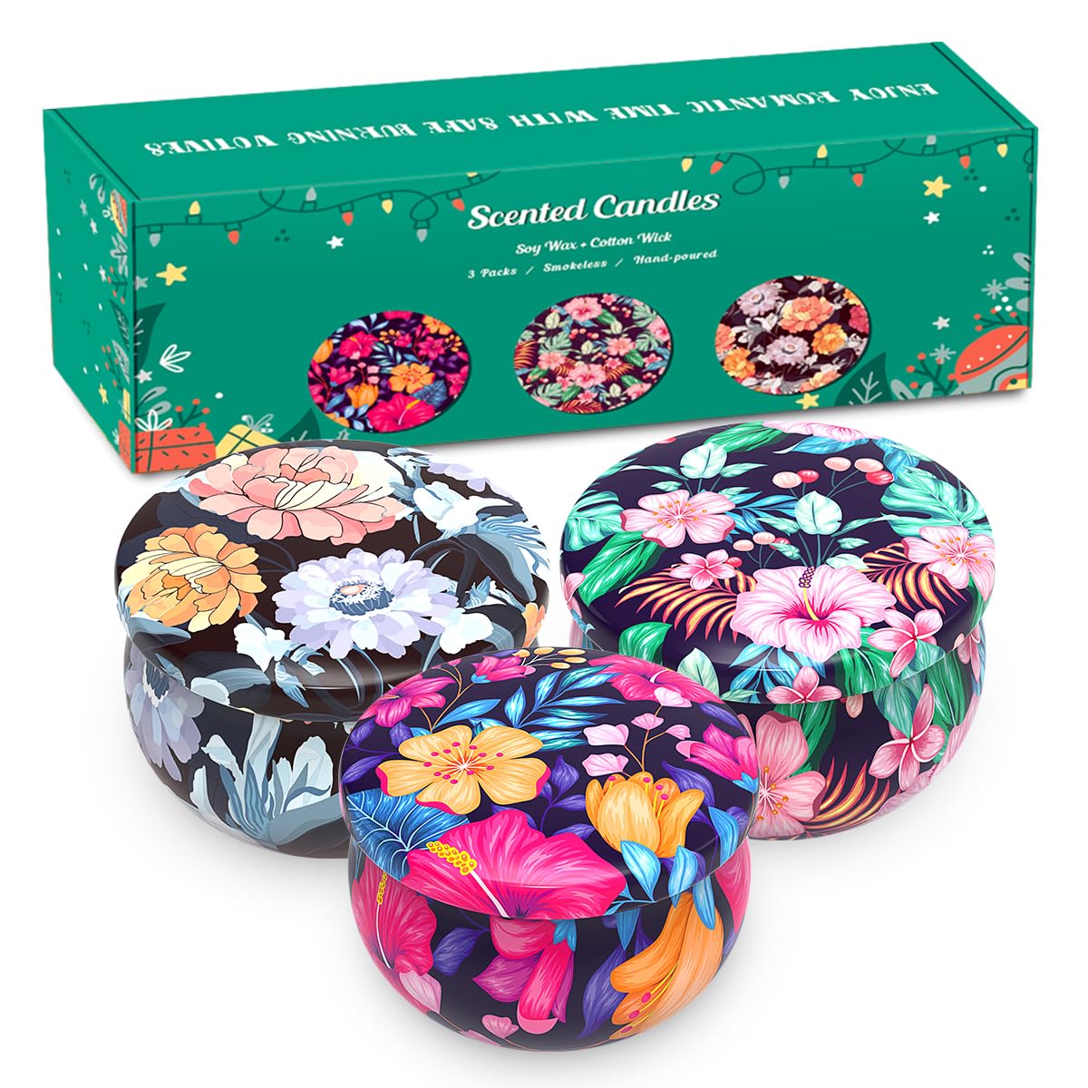 3 Packs Scented Candles Set for Christmas Thanksgiving, Natural Soy Wax Portable Travel Tin Candle, Aromatherapy Gift for Friend
