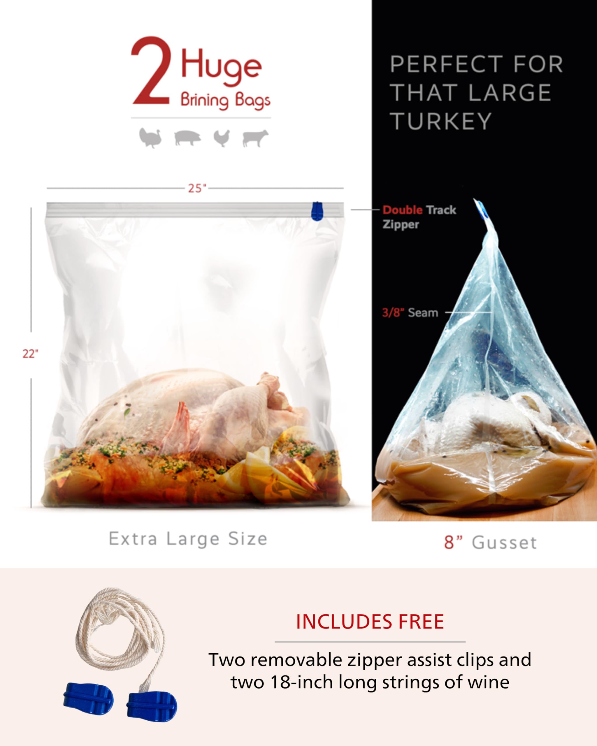 Turkey Brining Bags Set of 2 - Extra Large Holds up to 38lb - 25.5 x 21.5 inches - Heavy Duty with Gusseted Bottom - Double Trac
