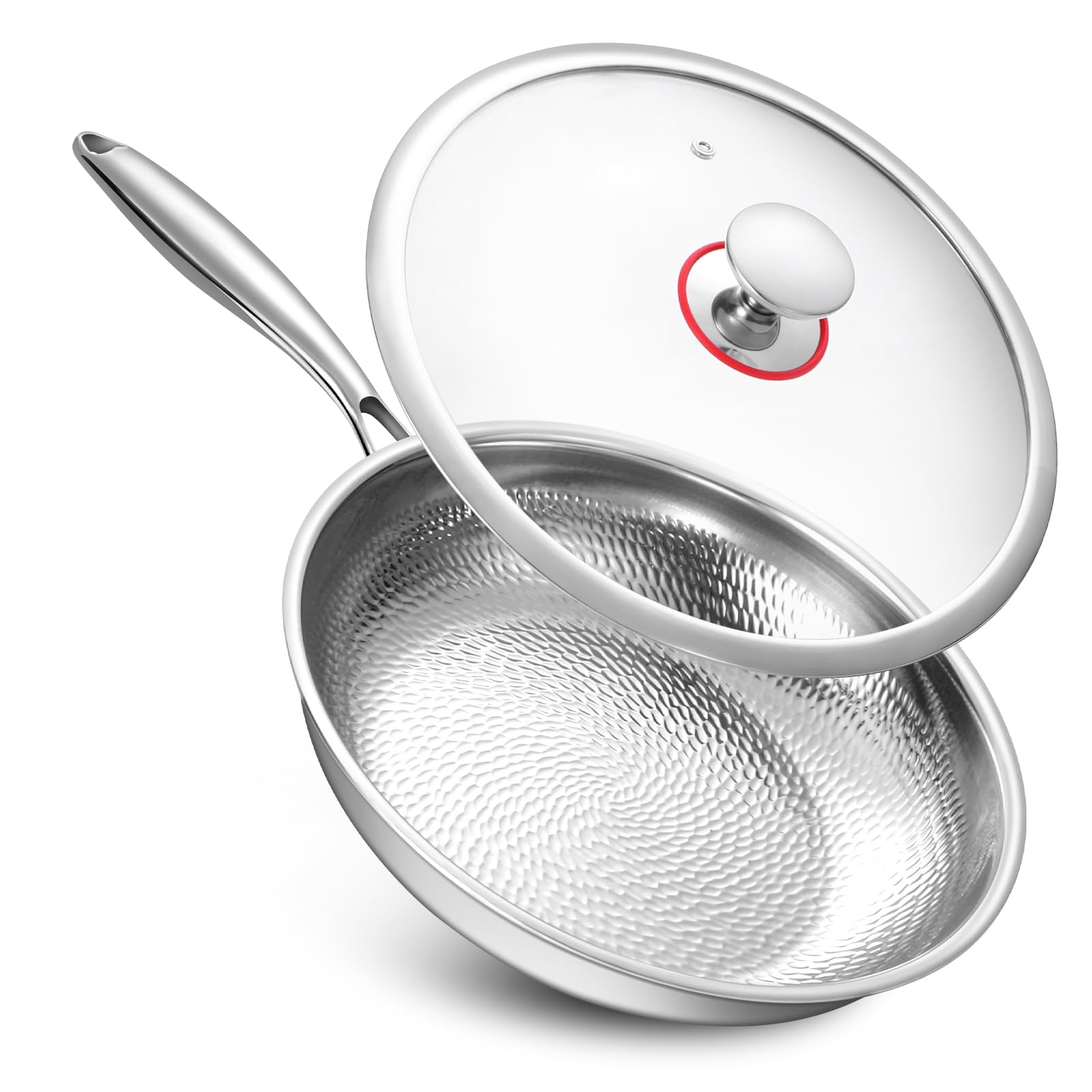 Lazycorner Hammered Non Stick Frying Pan With Lid - 12 Inch Stainless Steel Kitchen Cookware Pot Scratch-Resistant, Even Heating