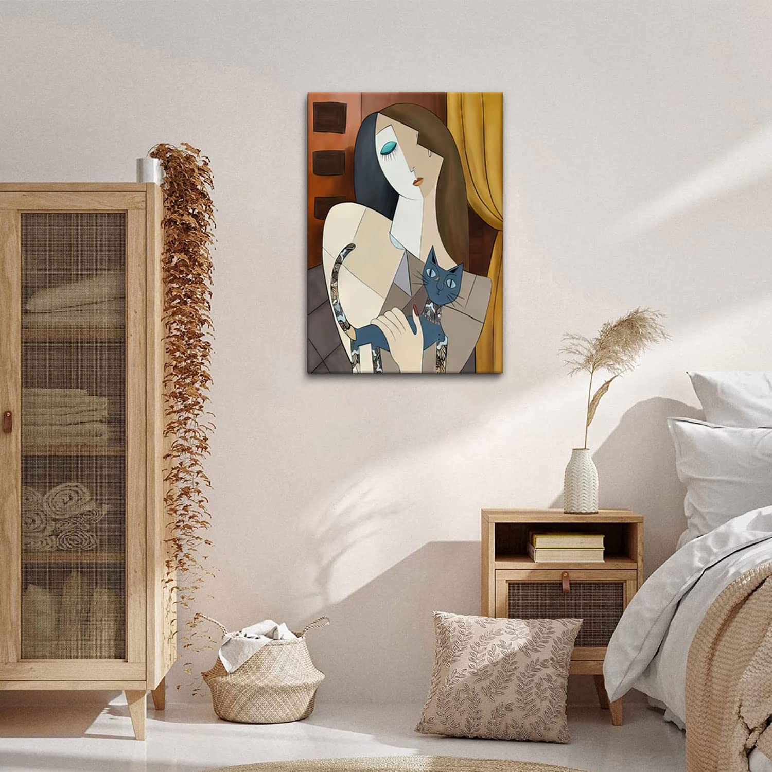 Framed Picasso Wall Art Nordic Abstract Girl and Cat Canvas Wall Art Bohemian Canvas Prints The Dream Girl with Cat Picture Modern Wall Decor for Hotel Rooms Bedroom Poster 12''* 16''
