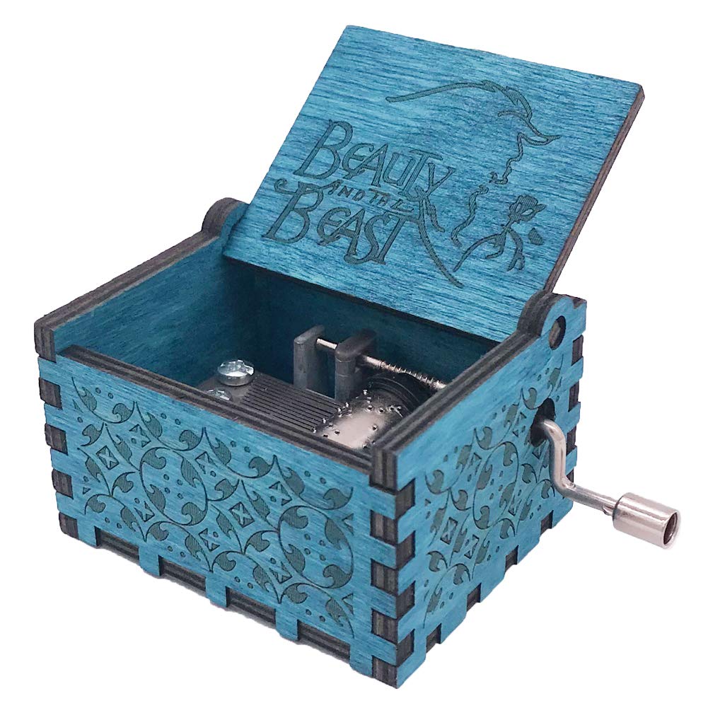 Youtang Beauty and The Beast Music Box Hand Crank Musical Box Carved Wooden,Play Beauty and The Beast Theme,Blue