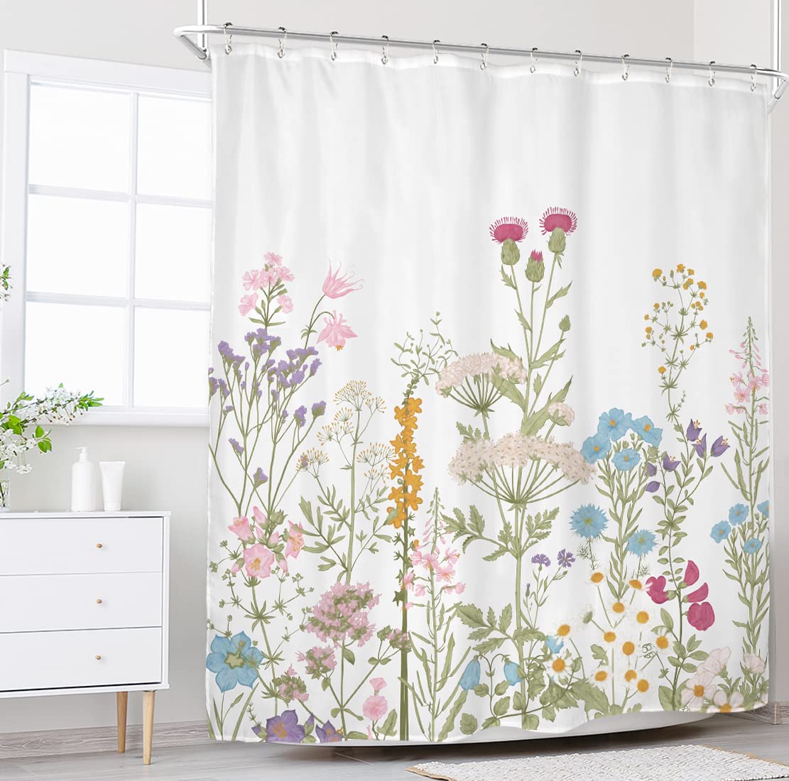 Riyidecor Wildflower Floral Shower Curtain for Bathroom Accessories 60Wx72H Inch Watercolor Flower Plant Botanical Herbs Spring Grass Colorful Blossoms Fabric Bathroom Decor Set 12 Pack Plastic Hooks