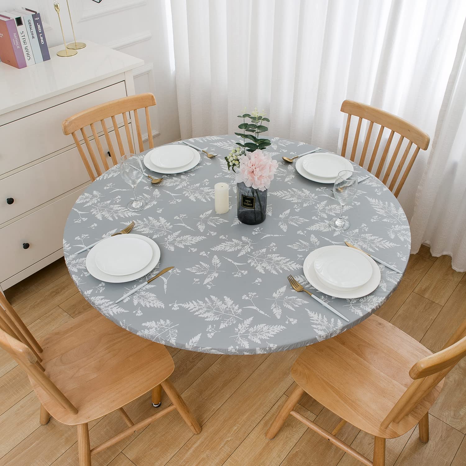 Round Vinyl Fitted Tablecloth With Flannel Backing Elastic Table Cloth Waterproof Oil-Proof Plastic Table Cover