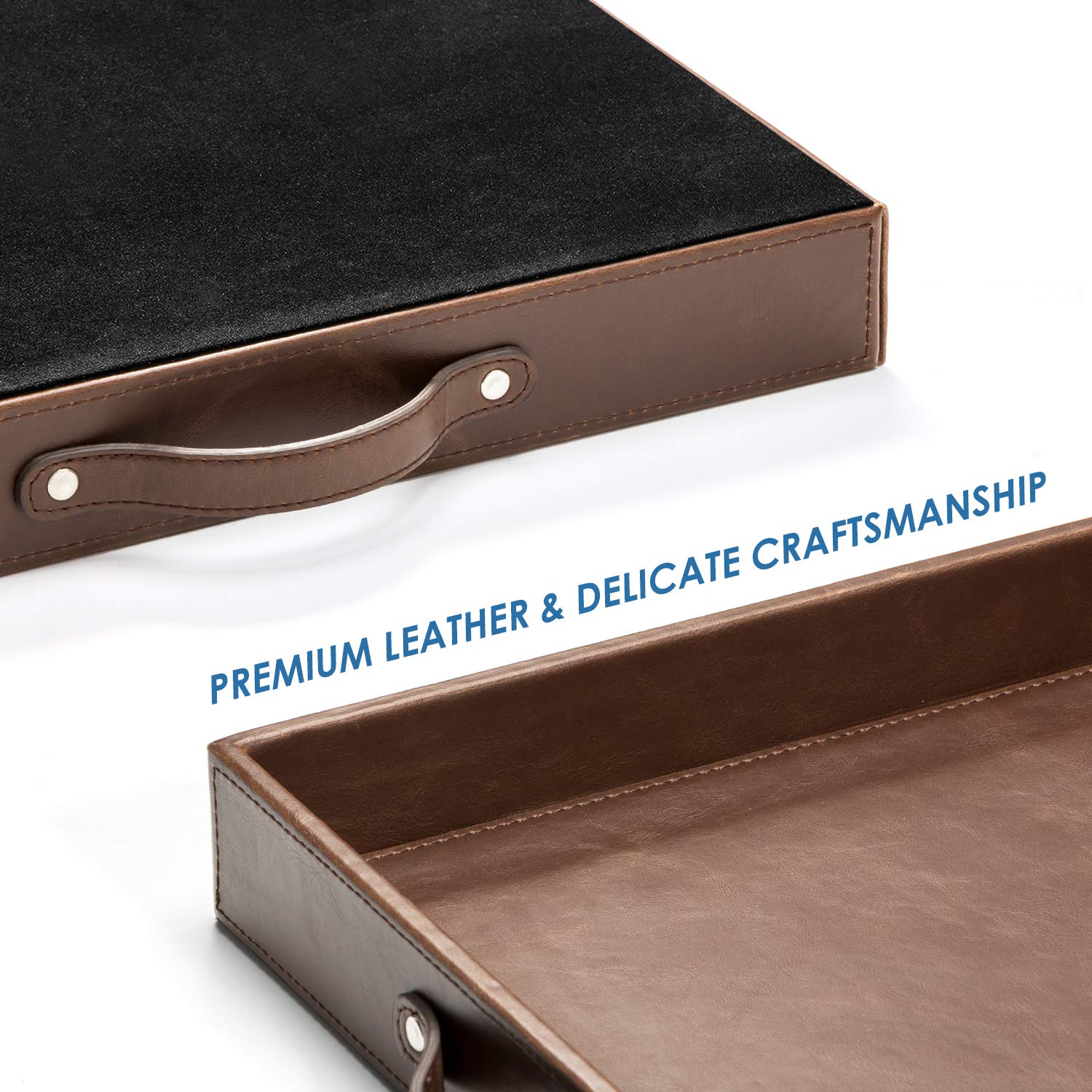 Ranslen Square Leather Serving Tray With Handles, 15''X15'' Table Trays For Ottoman Coffee Table, Decorative Tray For Home Organ