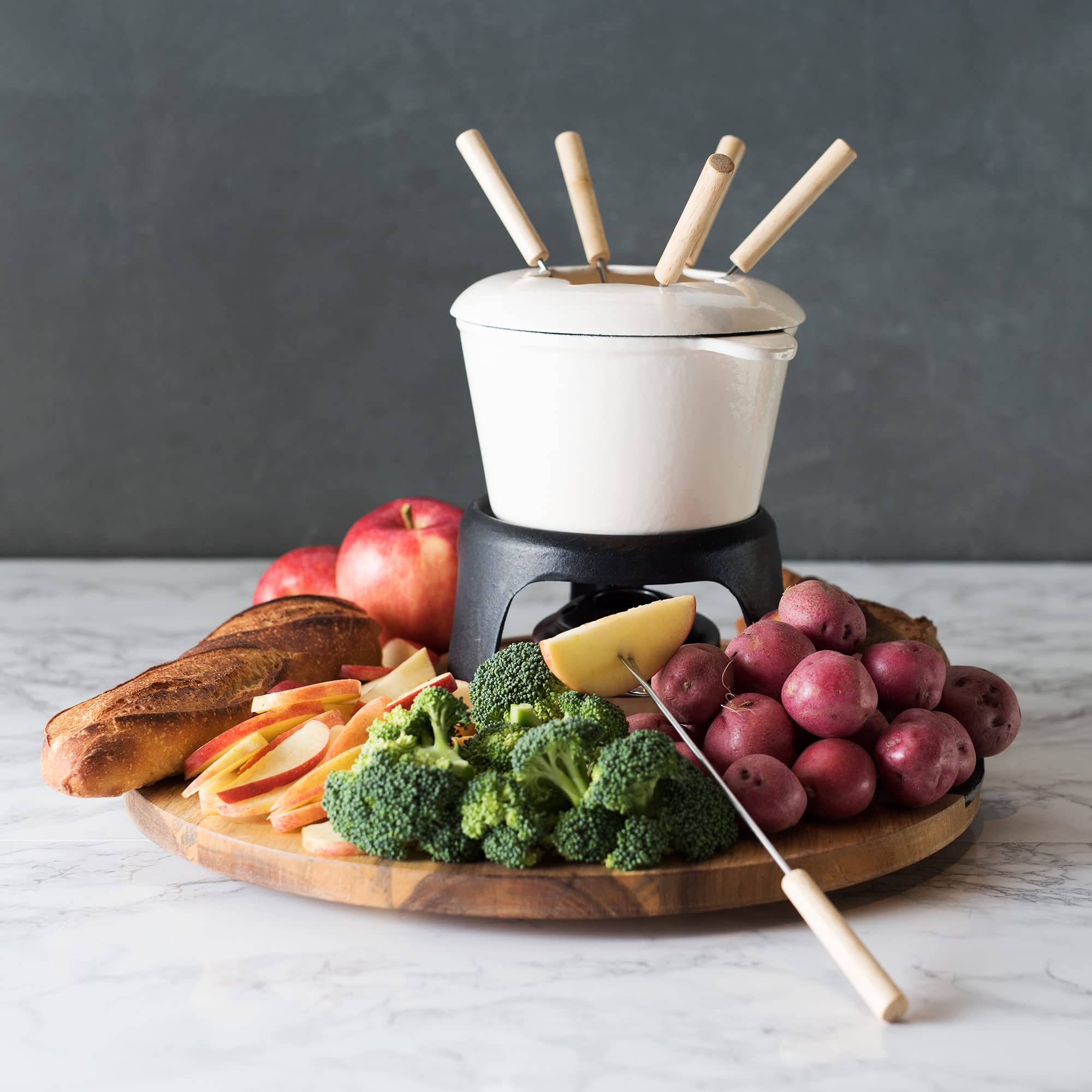 Twine Farmhouse Kitchen Enamel Cast Iron Fondue Set Cheese Melting Pot Metal Stand with Stainless Steel Forks and Chrome Gel Burner  8.5''  Off-Cream