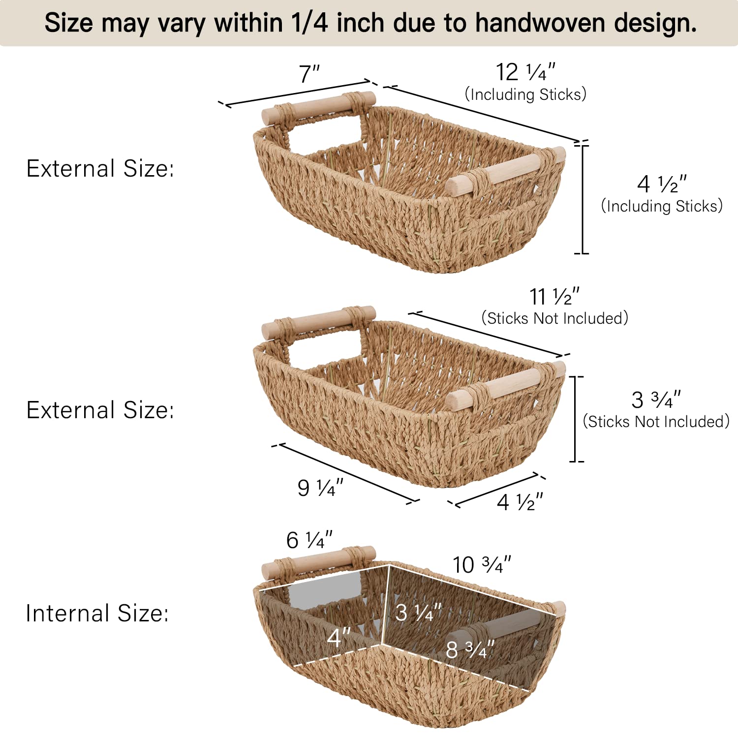 StorageWorks Hand-Woven Small Wicker Baskets  Round Paper Rope Storage Baskets with Wooden Handles  Light Brown  2-Pack