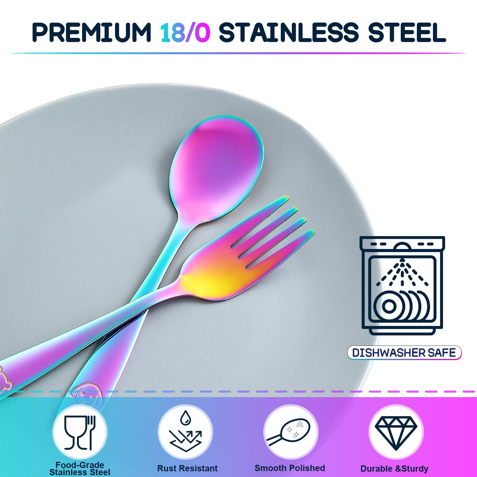 VITEVER 10 Pack Toddler Utensils, Stainless Steel Rainbow Silverware Set for Kids, Children Safe Cutlery Set Includes Forks and