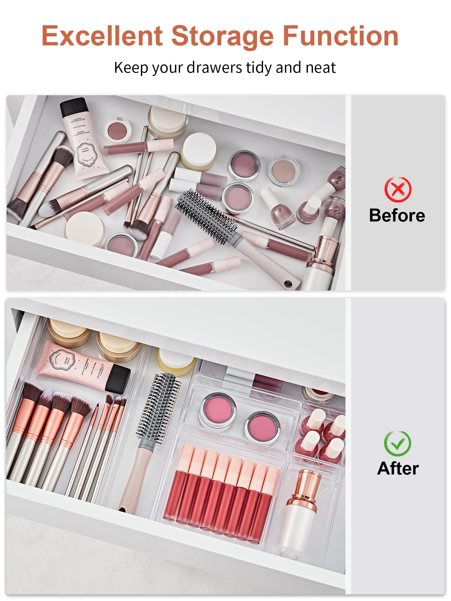 SMARTAKE 30-Piece Drawer Organizer with Non-Slip Silicone Pads, 7-Size Desk Drawer Organizer Trays Storage Tray for Makeup, Jewe