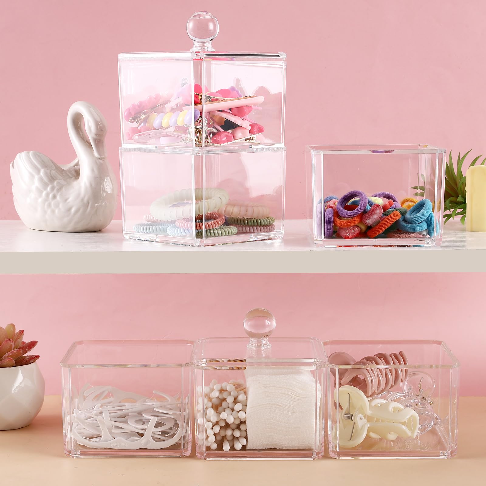 BLVRYVIO Hair Accessories Organizer for Girls  Clear 3 Stackable Acrylic Hair Tie Organizer for Headband  Bows  Cotton Swab Organization  Bathroom Containers Hair Clip Holder Storage with Lids