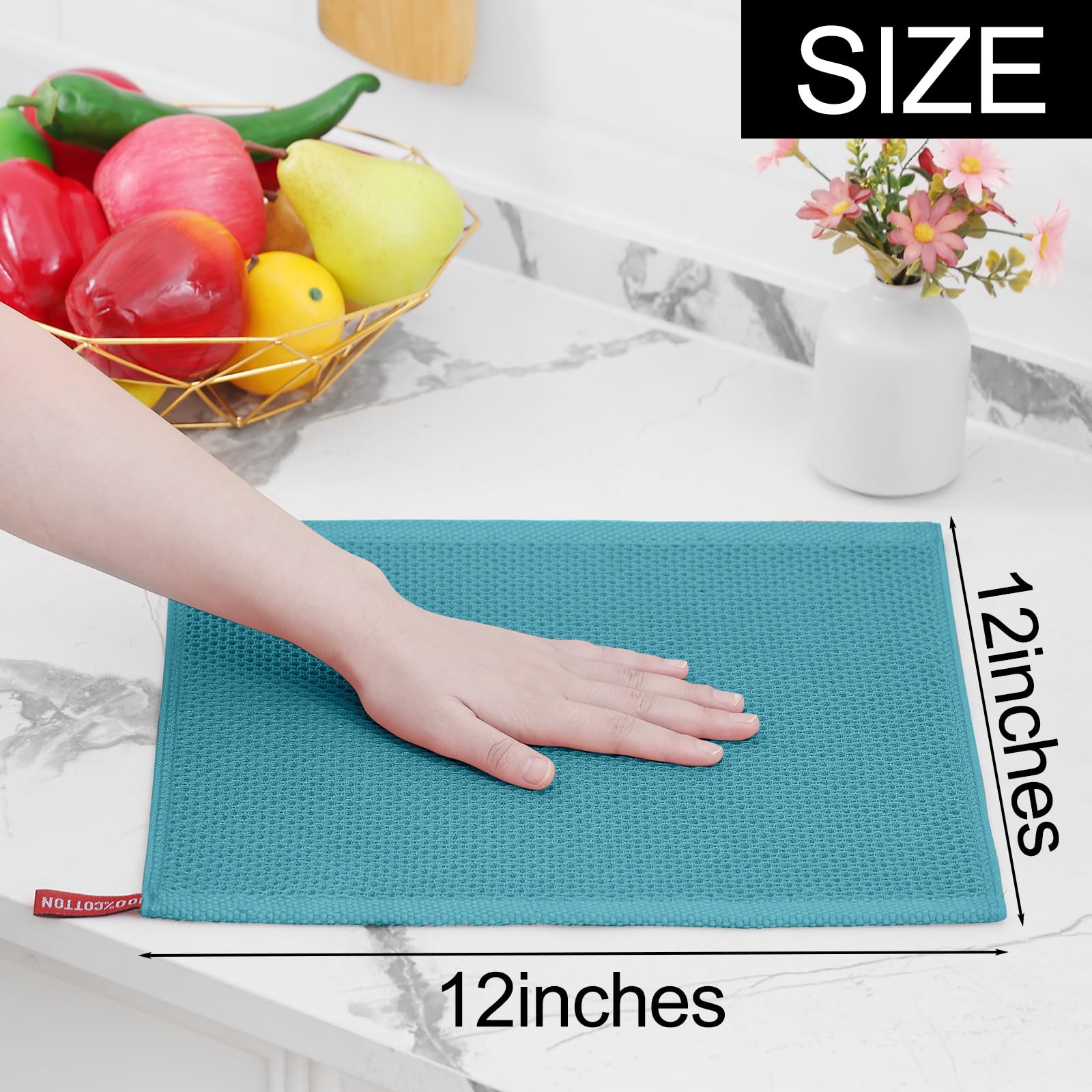 Homaxy 100% Cotton Waffle Weave Kitchen Dish Cloths, Ultra Soft Absorbent Quick Drying Dish Towels, 12 x 12 Inches, 6-Pack, Lake