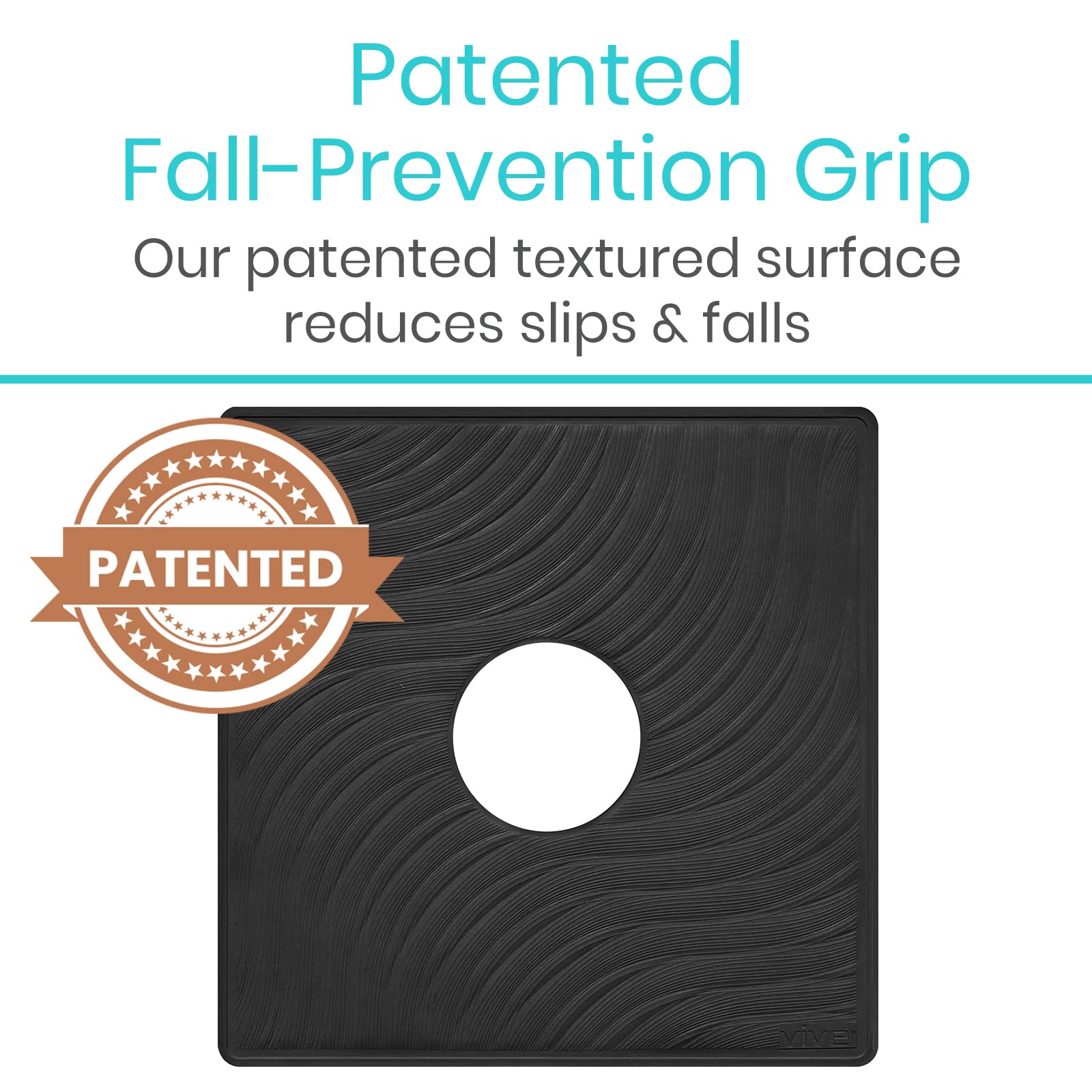 Vive Shower Mat - 22'' by 22'' Square Non Slip Large Bath Mat for Bathtub - Patented Design - Suction Cup Traction Skid Pad for Stalls Floors Tub - Textured Rubber with Drain Hole