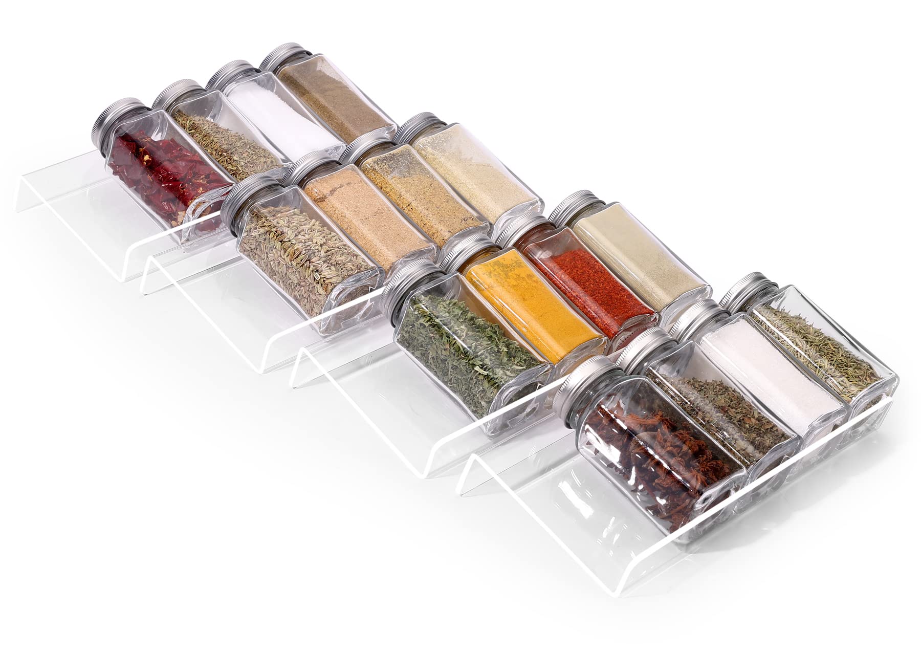 Clear Acrylic Spice Drawer Organizer, 4 Tier- 1 Set Seasoning Jars Drawers Insert, Kitchen Spice Rack Tray for Drawer/Countertop