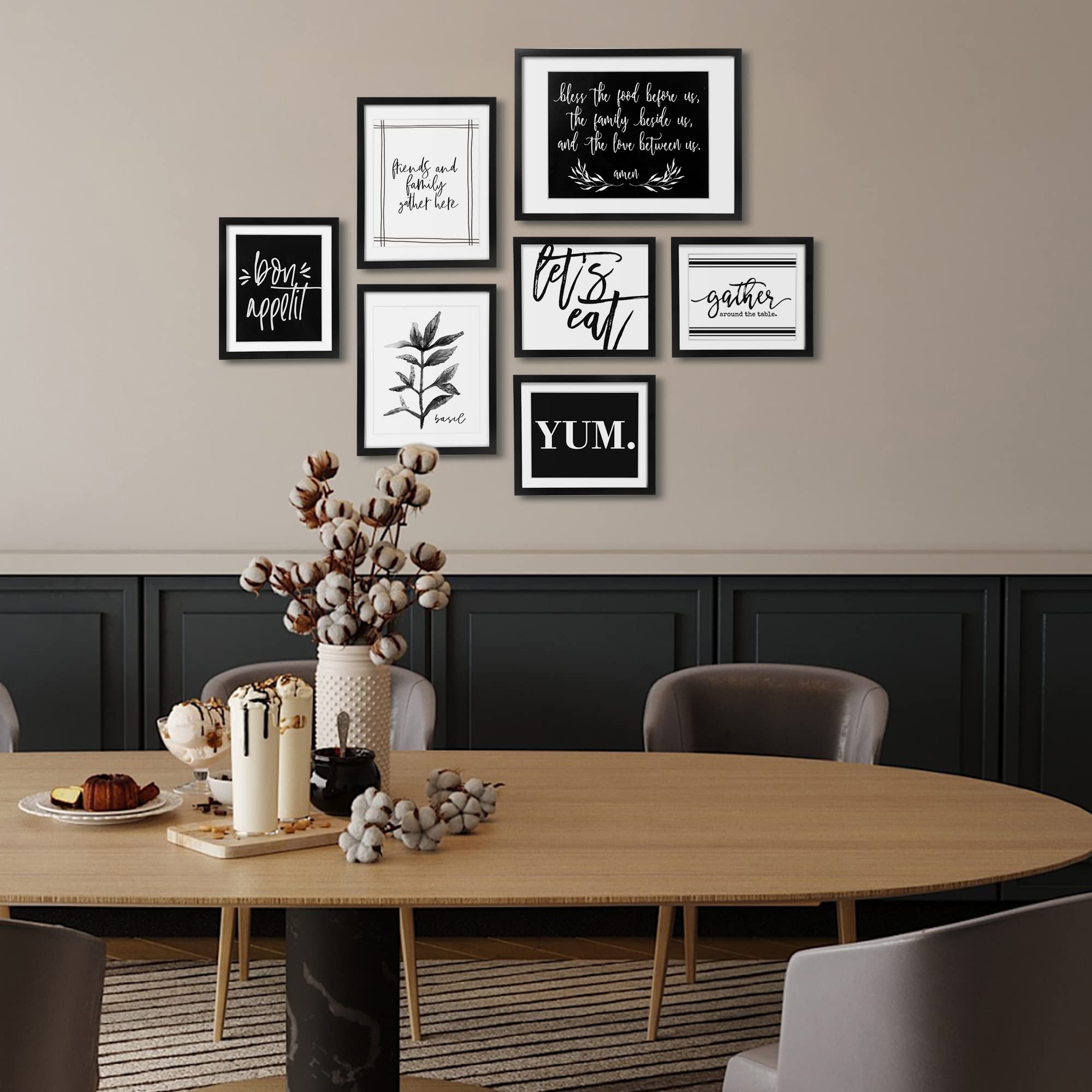 ArtbyHannah 7 Pack Framed Kitchen Wall Art Decor for Dining Room with Black Gallery Wall Frames Sets and Decorative Art Prints for Gallery Wall Kit or Home Decoration Multi Size 12x16 9.5x12 8x9.5