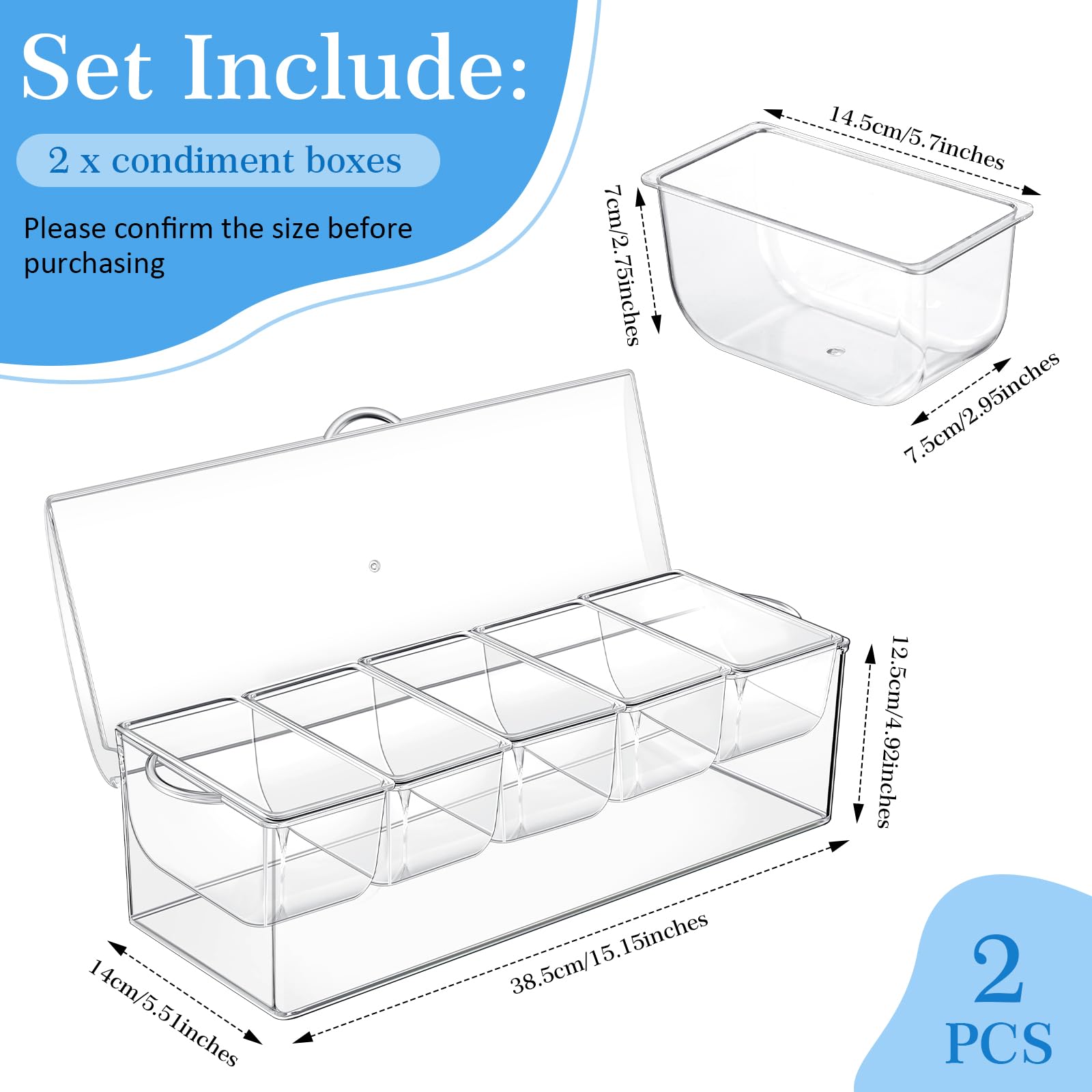 2 Pieces 5 Condiment Tray Server Ice Chilled Compartment Container Organizer With Hinged Lid Cooled Condiment Tray With Removabl