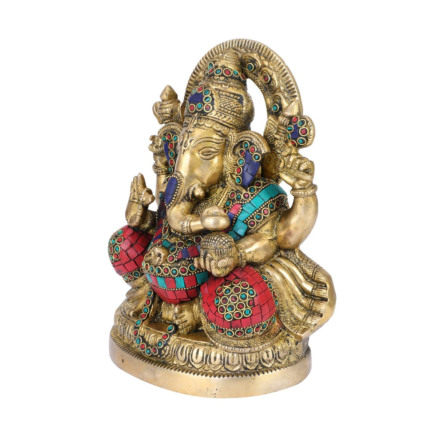 Kartique Brass Ganesh Bhagwan Idol Ganesha Statue Ganpati Murti On Round Base With Multicolor Stone Work