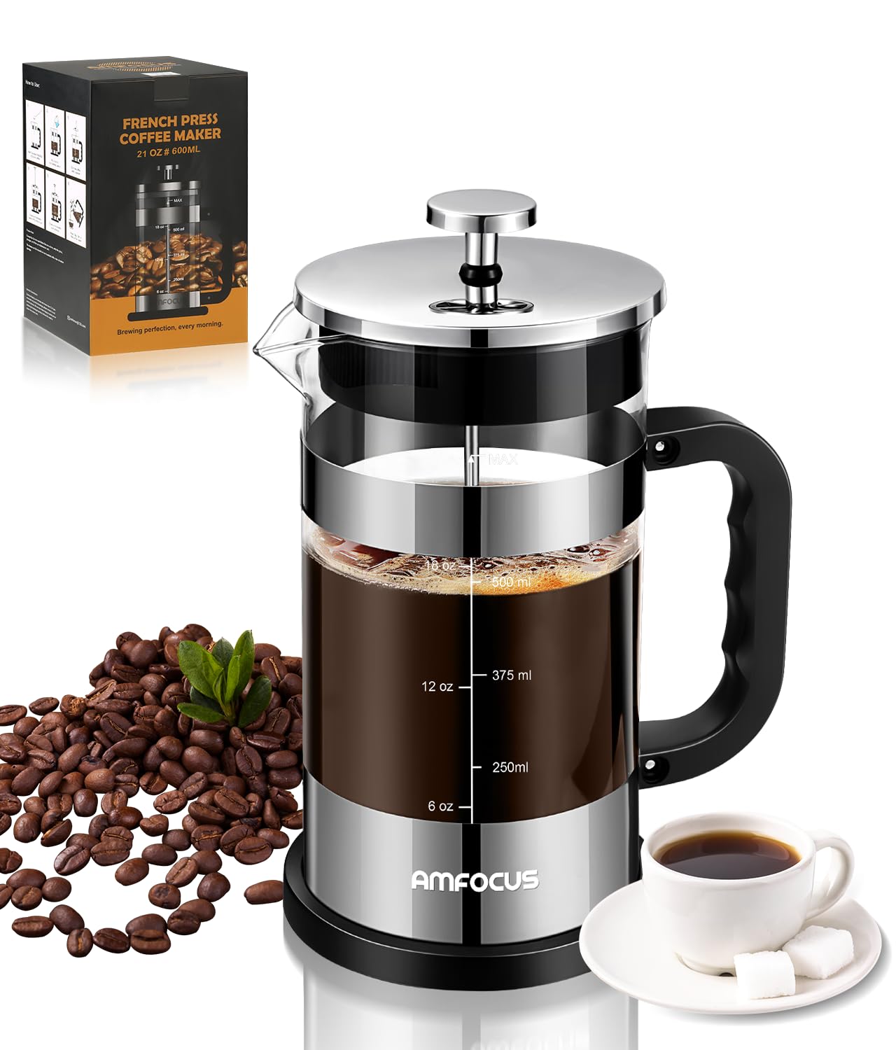 French Press Coffee Maker - 21Oz Classic Glass Coffee Press, Heat-Resistant Borosilicate Glass Coffee Pot With 4-Level Disassemb