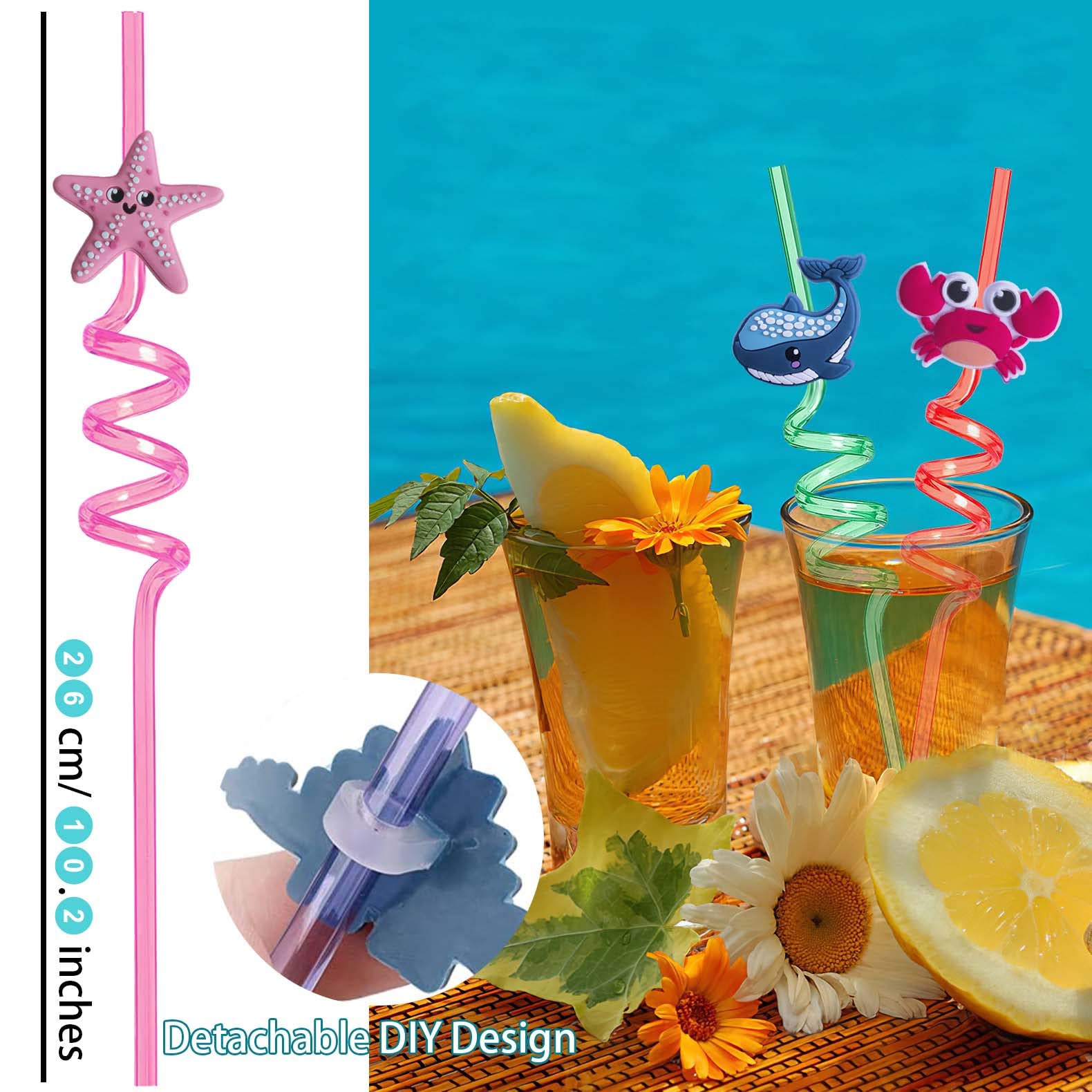 Reusable Sea Animal Straws For Sea Party Favors, 16 Pcs Plastic Ocean Creature Drinking Straws Silly Swirly Straws For Kids Part