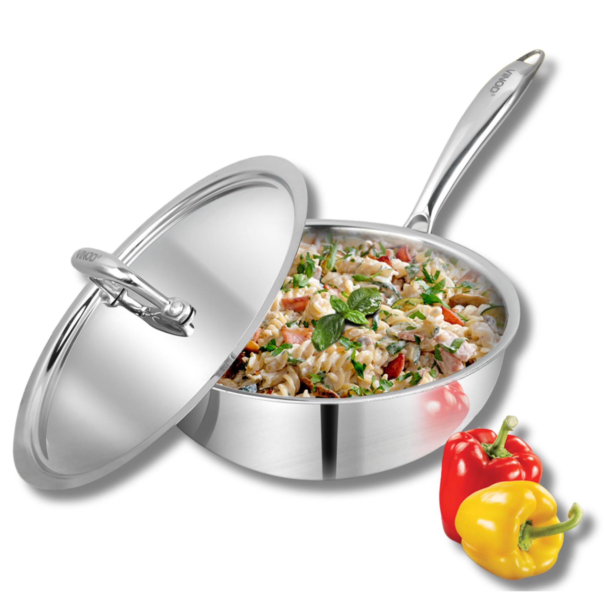 Vinod Platinum Triply Stainless Steel Deep Frypan with Stainless Steel Lid - 22 cm Diameter, with Riveted Sturdy Handle (Inducti