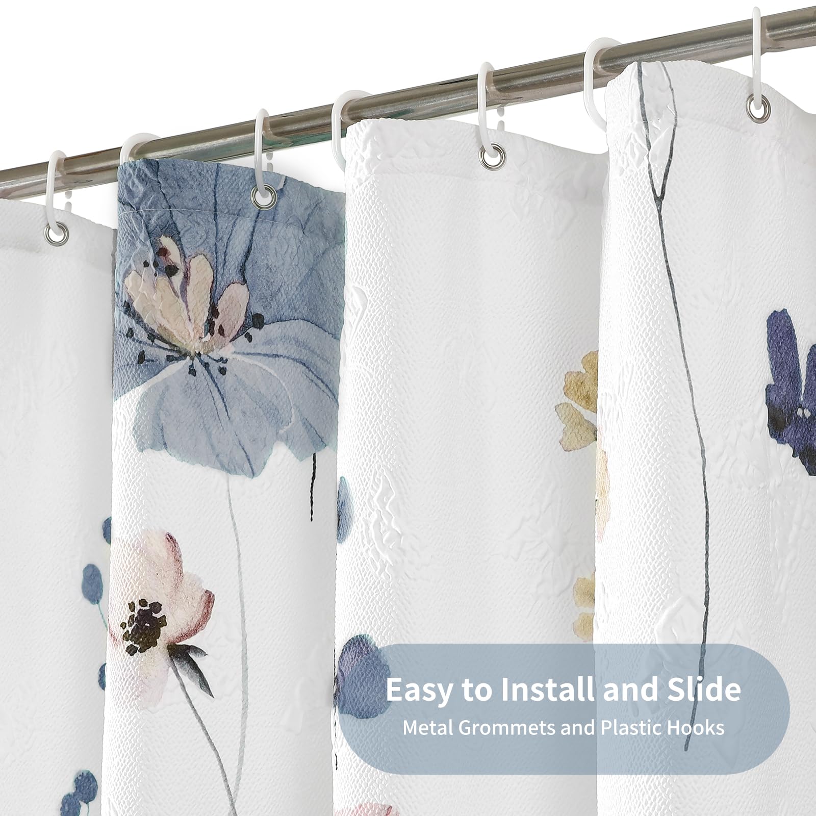 Qiyi Watercolor Floral Shower Curtain, 3D Embossed Butterflies Grey Beige Flower Bathroom Curtain, Minimalist White Cloth Bath C