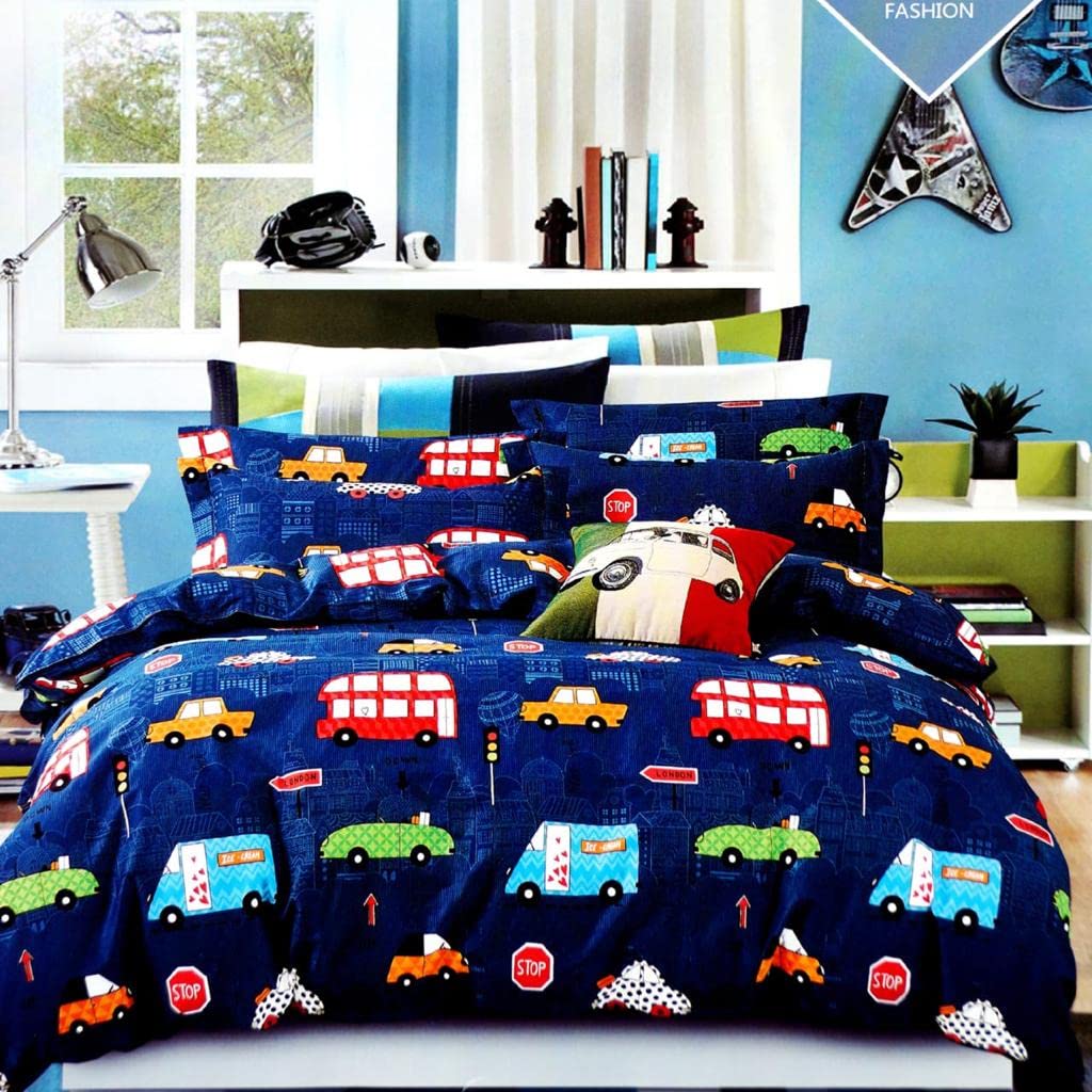Aroma Brand- Kids Nursery Prints King Size Bed Cover Elastic Fitted Bedsheet With 2 Pillow Covers 240 X 260 Cms (Blue-Buses)