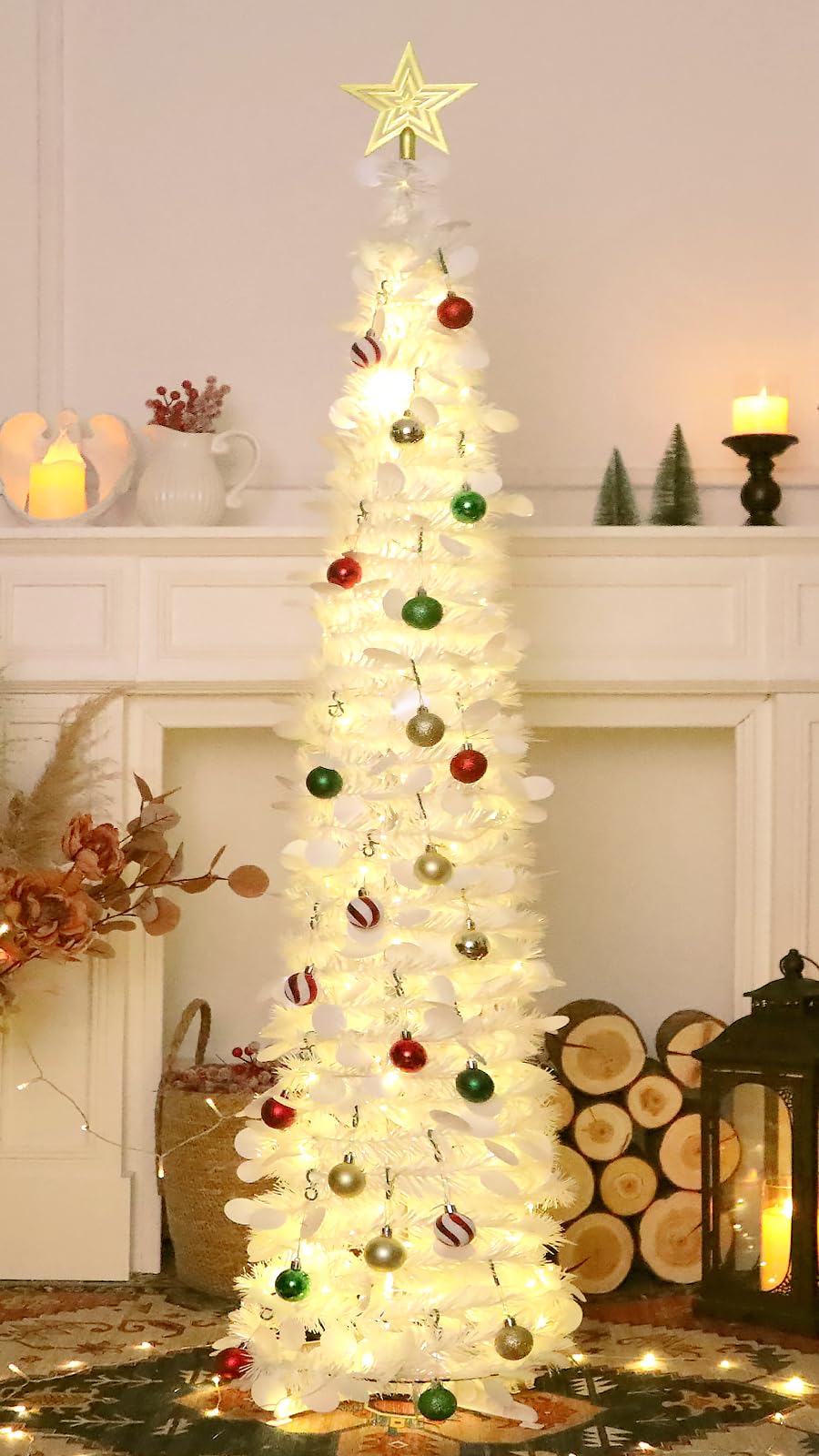 SINTENILL 5 FT Pop Up Christmas Tree with Timer Lights and Decorations, White Artificial Tinsel Christmas Tree with 24 Ball Orna