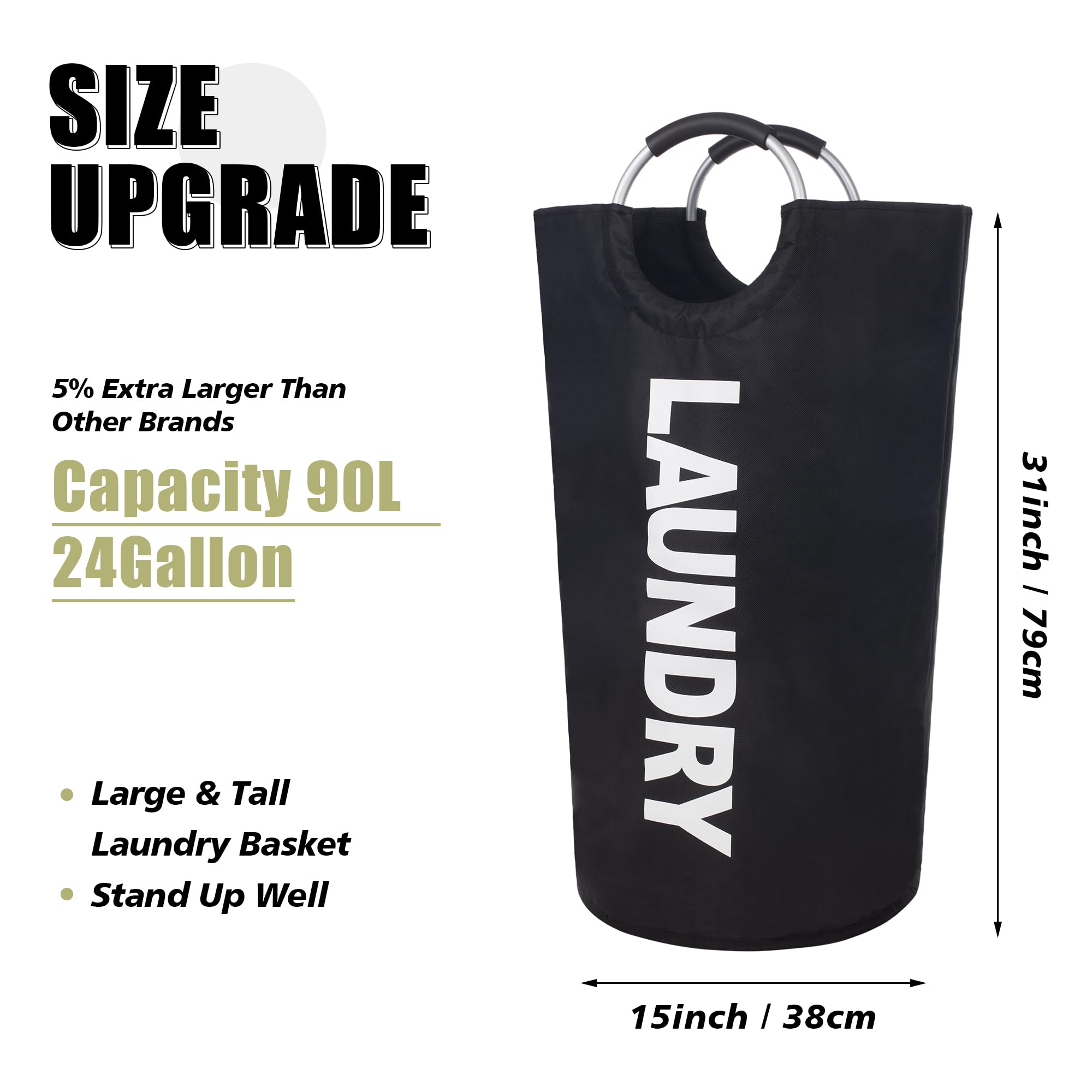 Twira 90L Large Laundry Basket  Laundry Hamper Stands Up Well  Laundry Bag with Padded Handles  Waterproof Clothes Bin Collapsible  Clothes Hamper for Bathroom  Laundry  College (Black)