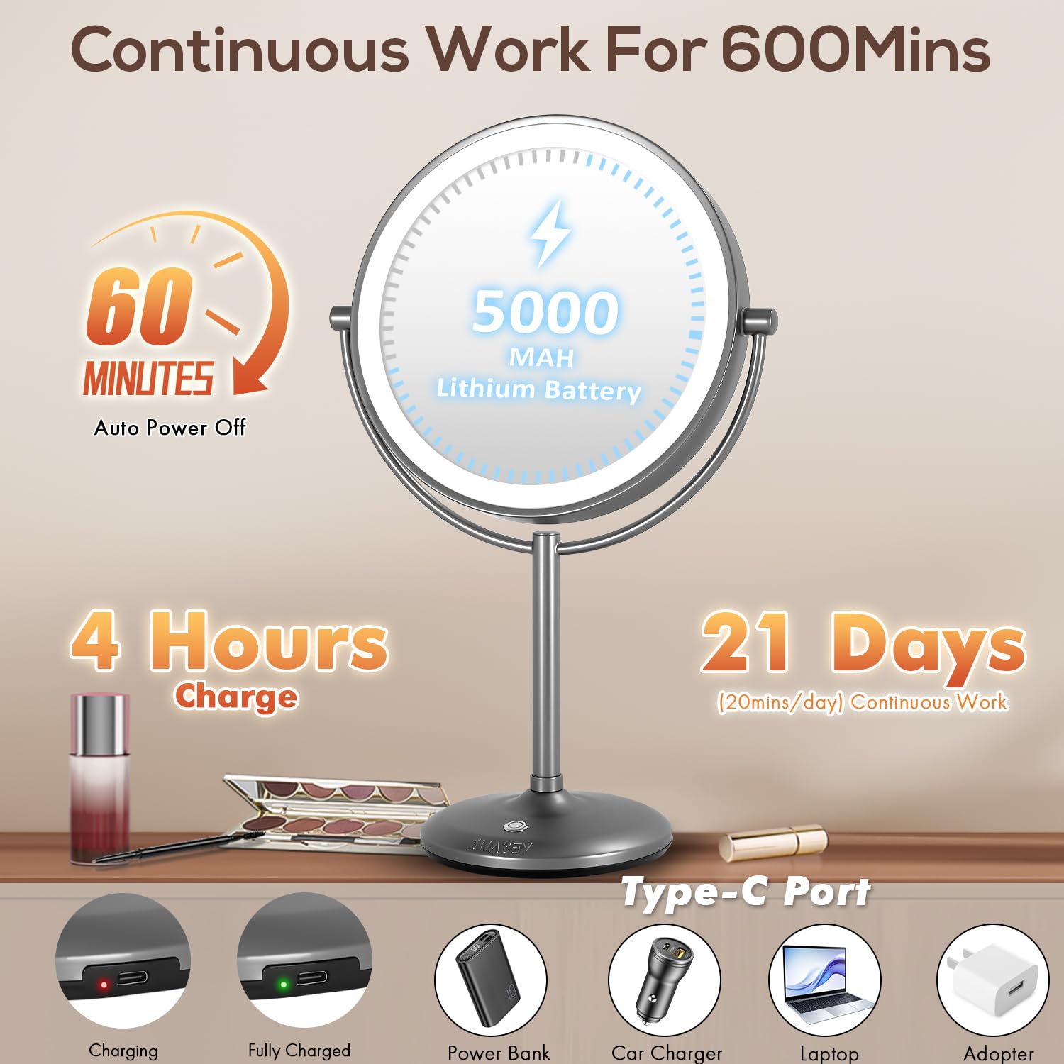 Vesaur 9 1X15X Lighted Makeup Mirror, 5000Mah Rechargeable 2-Sided Magnifying Mirror With 3 Dimmable Lights, 360 Rotation Vanity