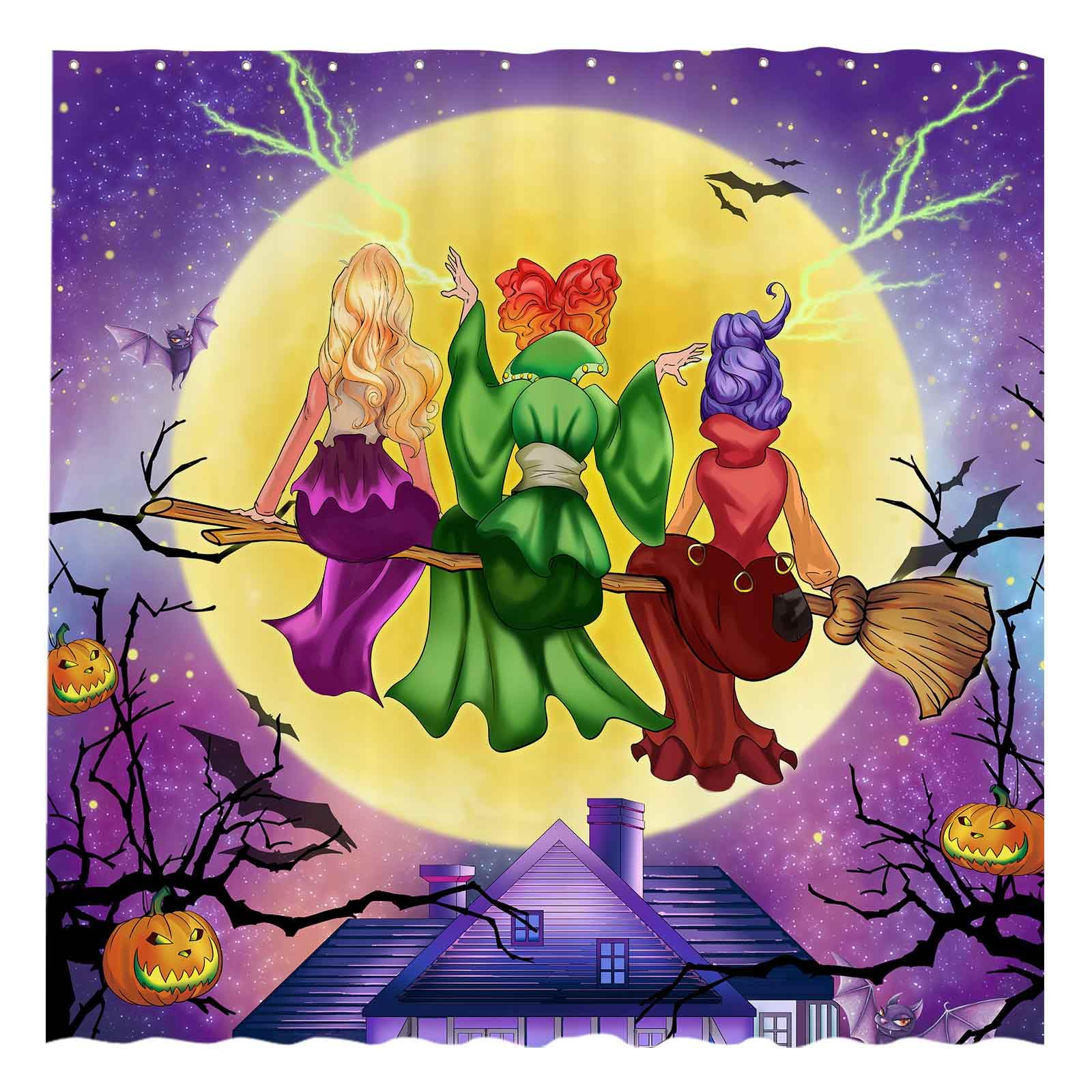 Allenjoy 72'' X 72'' Halloween Witches Shower Curtain Set Fall Autumn Moonlight Home Bath Bathtub Decorations Bathroom Decor Eas